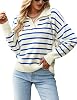 Women Striped Sweater Polo V Neck Long Sleeve Loose Sweater Knit Pullover Jumper Tops