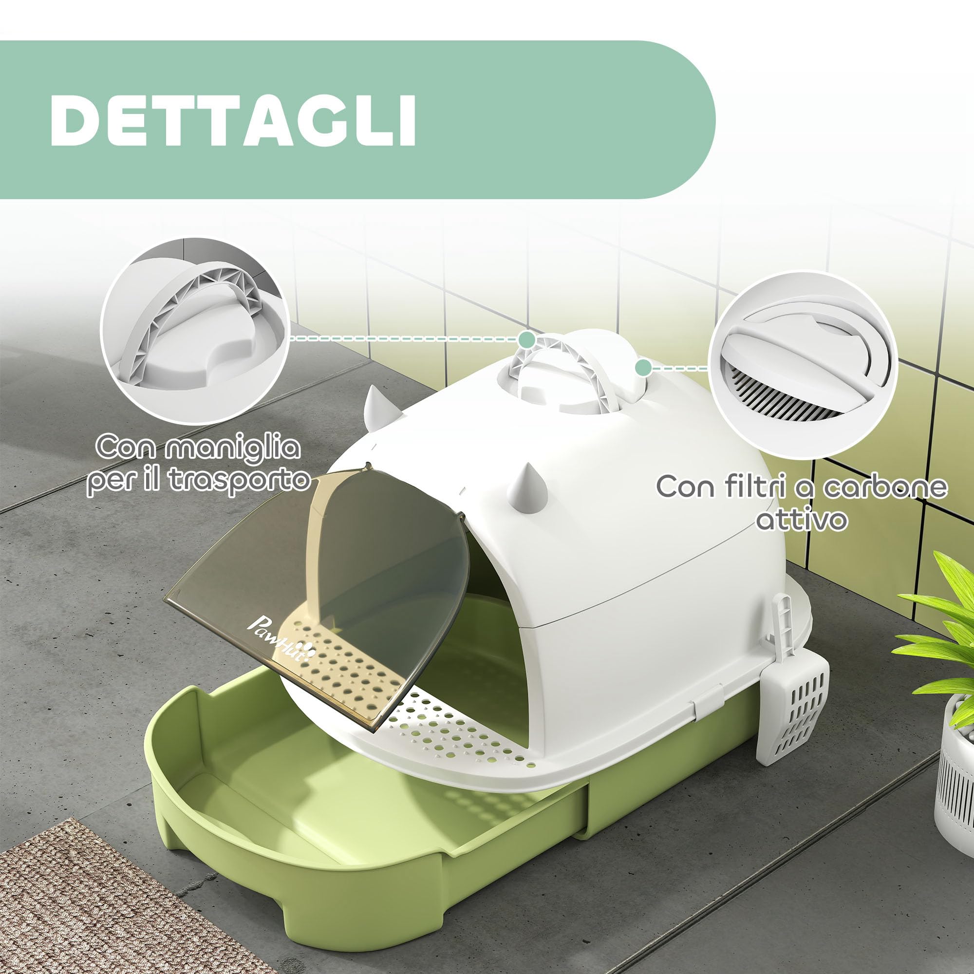 PawHut Lettiera per Gatti Chiusa con Vassoio Estraibile, Toilette per Gatti con Cassetta Igienica per Gatti con Maniglia, Paletta e Filtro ai Carboni Attivi, Verde