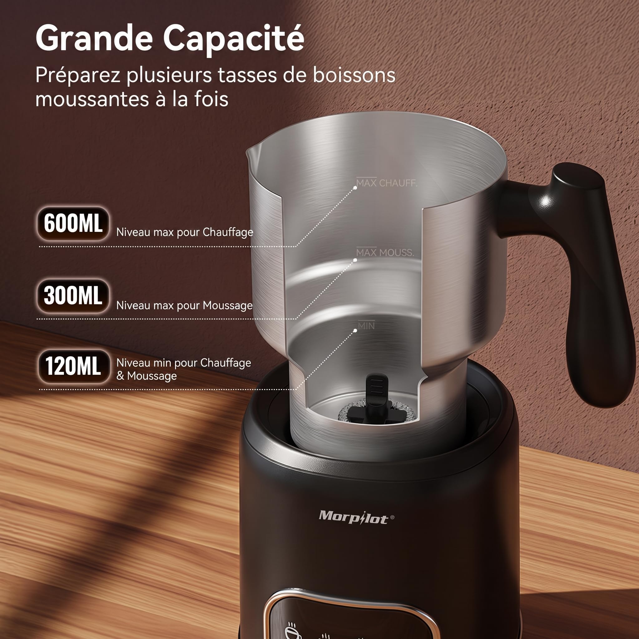 Morpilot Mousseur à Lait Électrique 4-en-1, Grande Capacité 600ml, Mousse Chaude/Froide et Lait Chaud, Milk Frother en Acier Inox avec Design Détachable pour Cappuccino, Latte, Macchiato