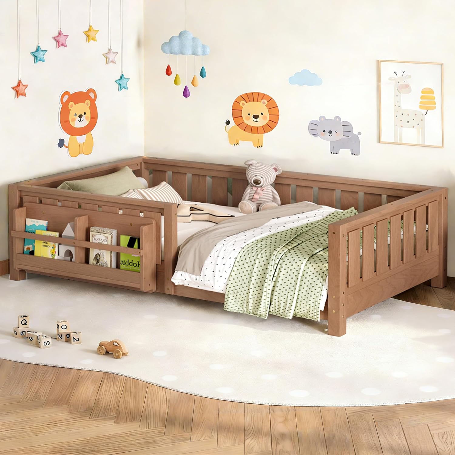 Bellemave Twin Size Montessori Floor Bed Frame, Kids Floor Bed Twin with Bookshelf and Safety Guardrails for Girls Boys, Natural