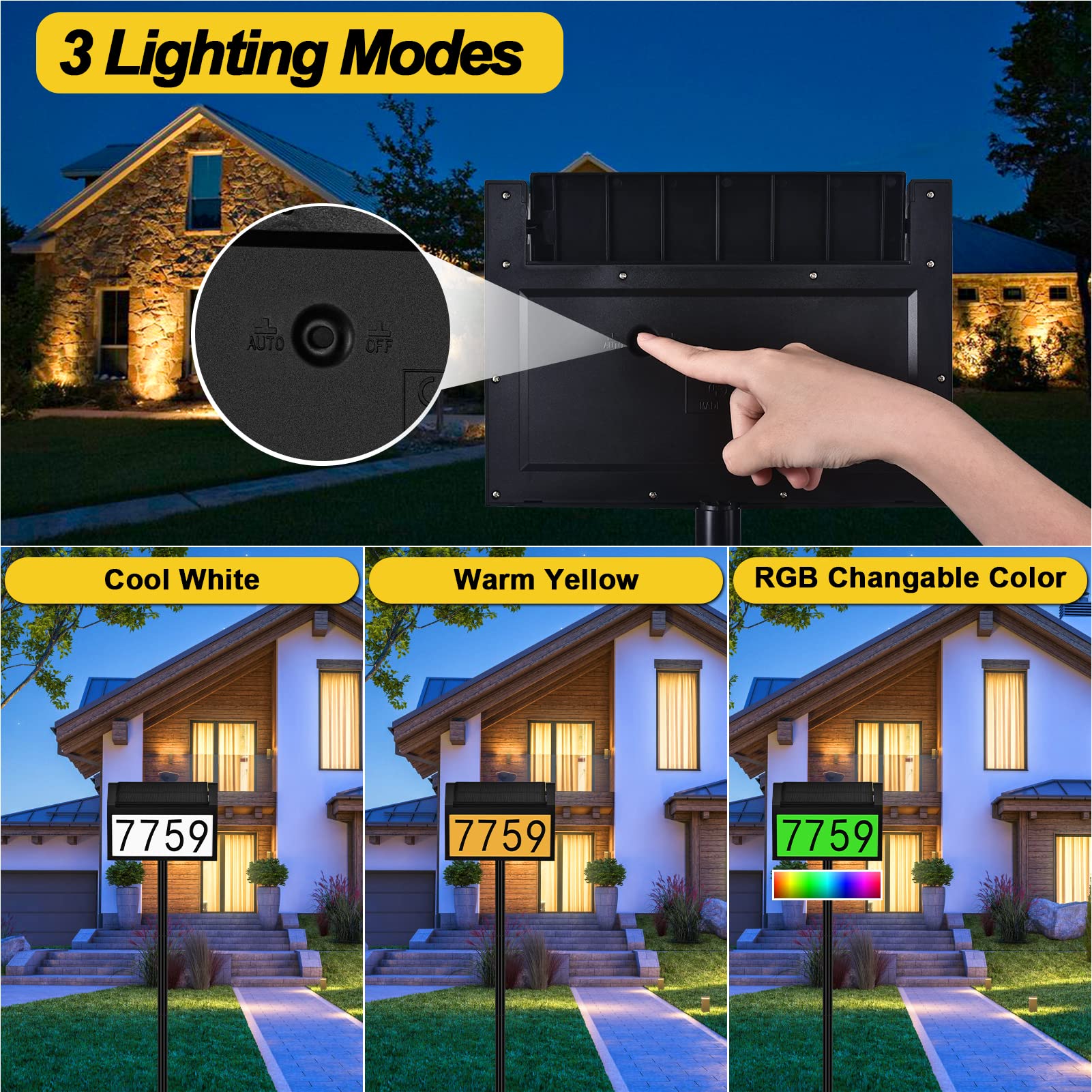 Números de dirección para casas, funciona con energía solar, señal de dirección RGB para exteriores, IP65, impermeable, iluminada, números de casa, placa para patio, entrada de casa, con tres modos de