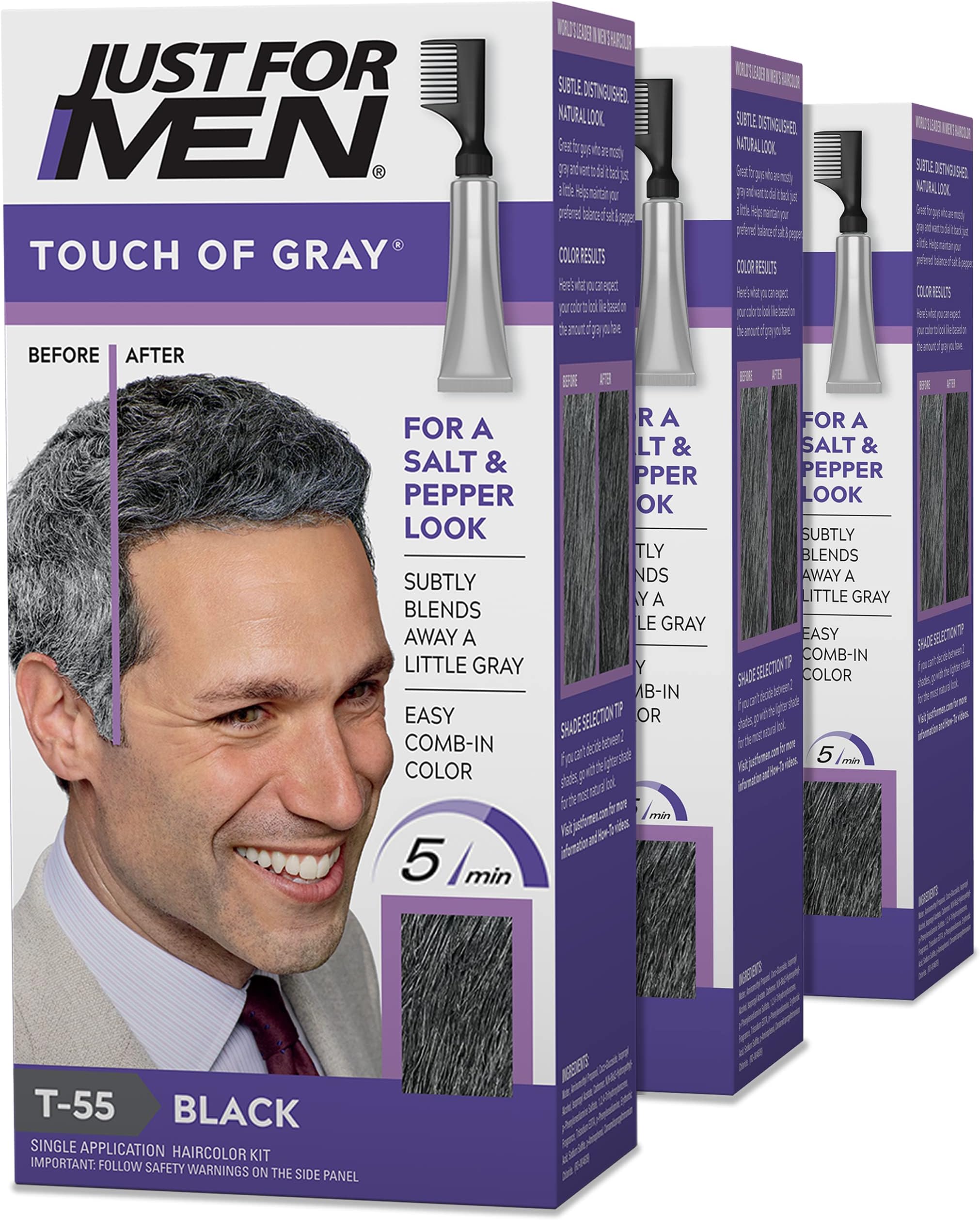 Just For Men Touch of Gray, Mens Hair Color Kit with Comb Applicator for Easy Application, Great for a Salt and Pepper Look - Black, T-55, Pack of 3