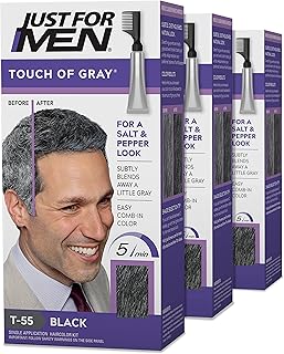 Touch of Gray, Mens Hair Color Kit with Comb Applicator for Easy Application, Great for a Salt and Pepper Look - Black, T-55, Pack of 3