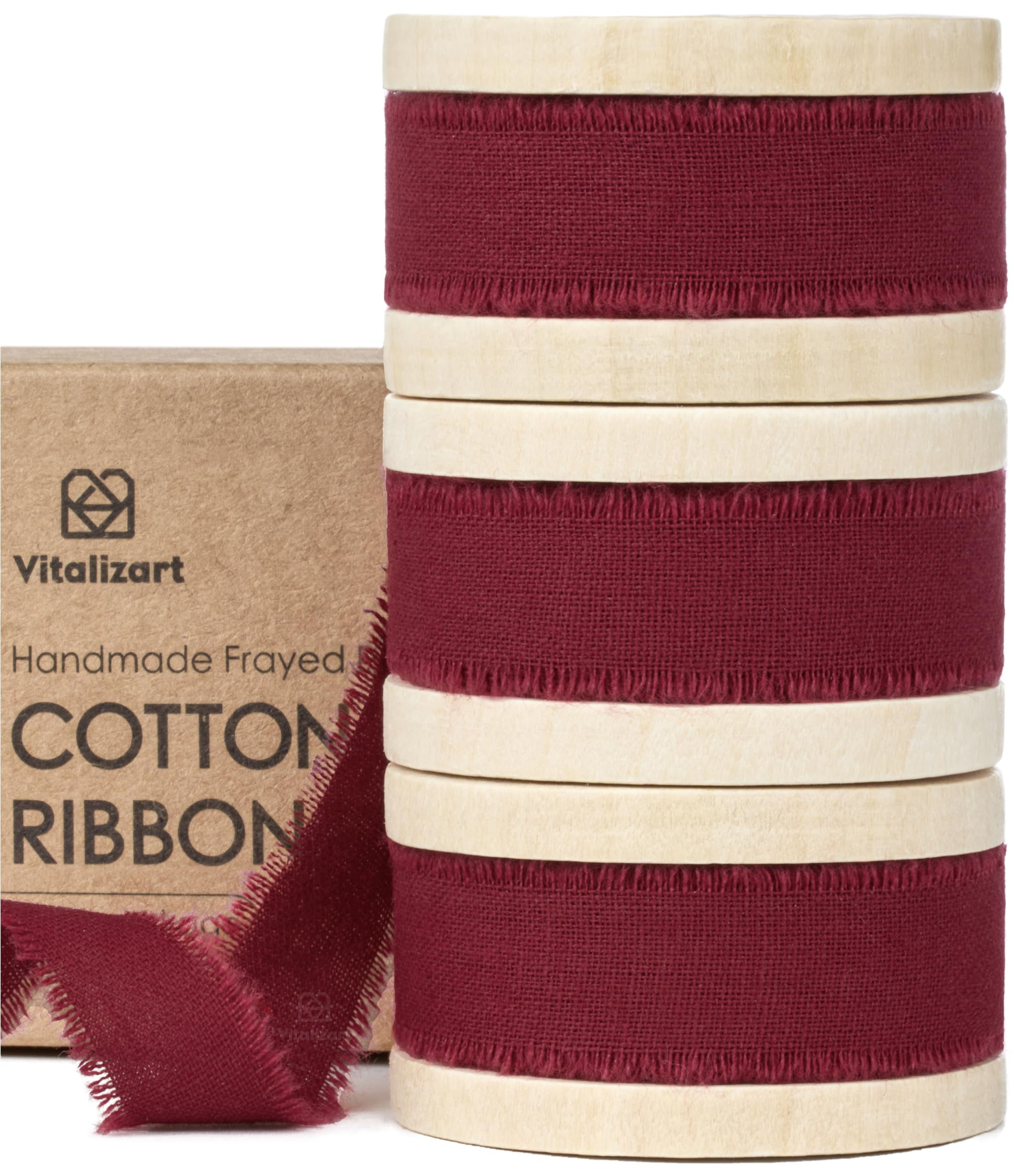 Vitalizart Natural Cotton Ribbon 5/8" x 21Yd Burgundy, 3 Rolls*7Yd Handmade Fringe