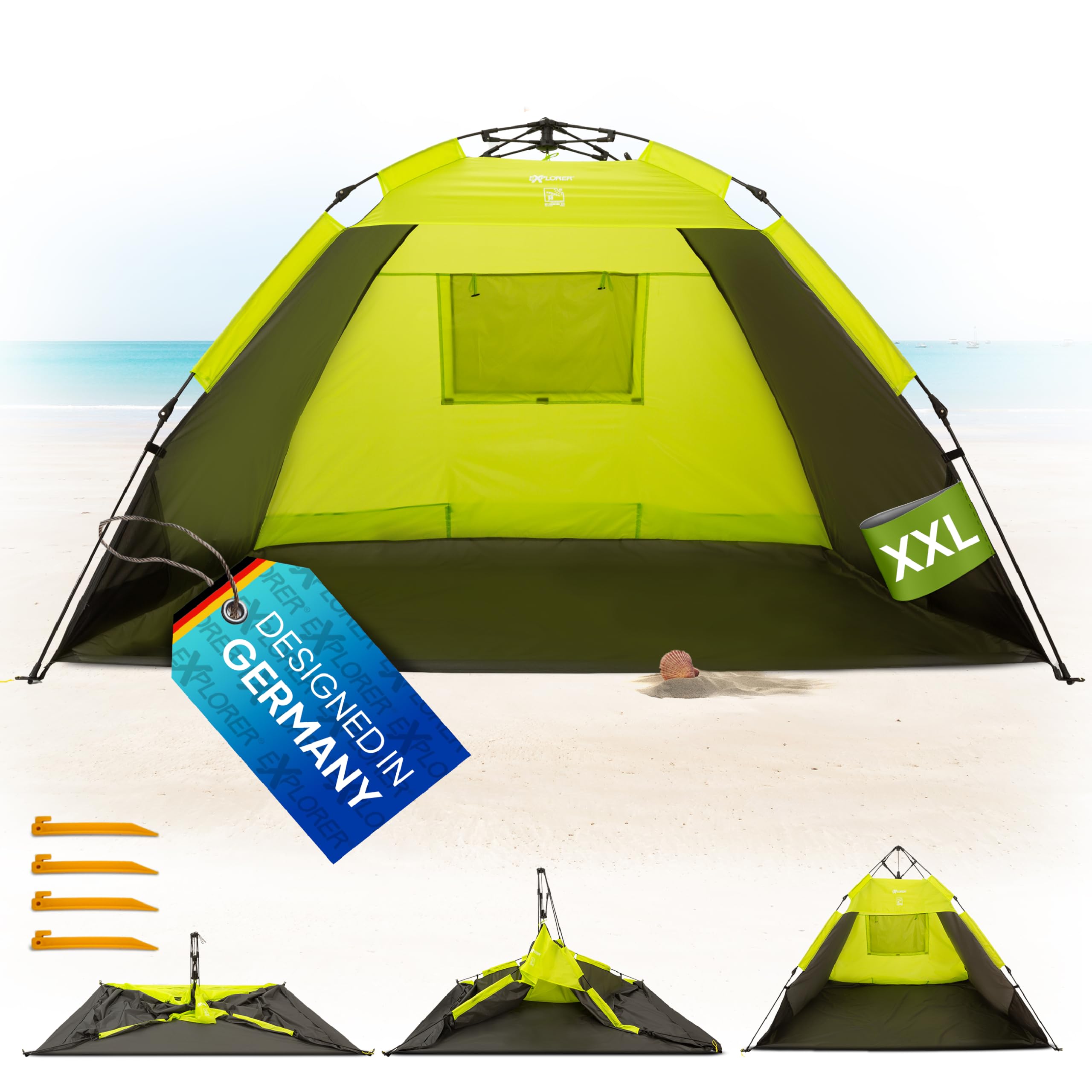 EXPLORER Automatik Strandmuschel mit UV Schutz 80+ kleines Packmaß leicht und schnell in Sekunden aufgebautes Strandzelt Sonnenschutz Muschel automatisch Windschutz