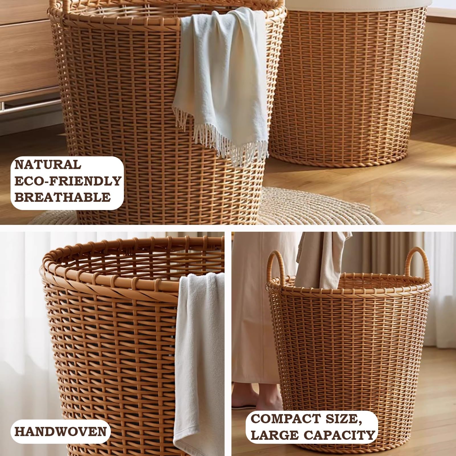 Cesto Portabiancheria Intrecciato, Cesto Biancheria Sporca Rotondi in Finto Rattan, Cesti Multifunzionali con Manici, per L'organizzazione e L'arredamento Della Casa(40x38cm/15.7x14.9in)
