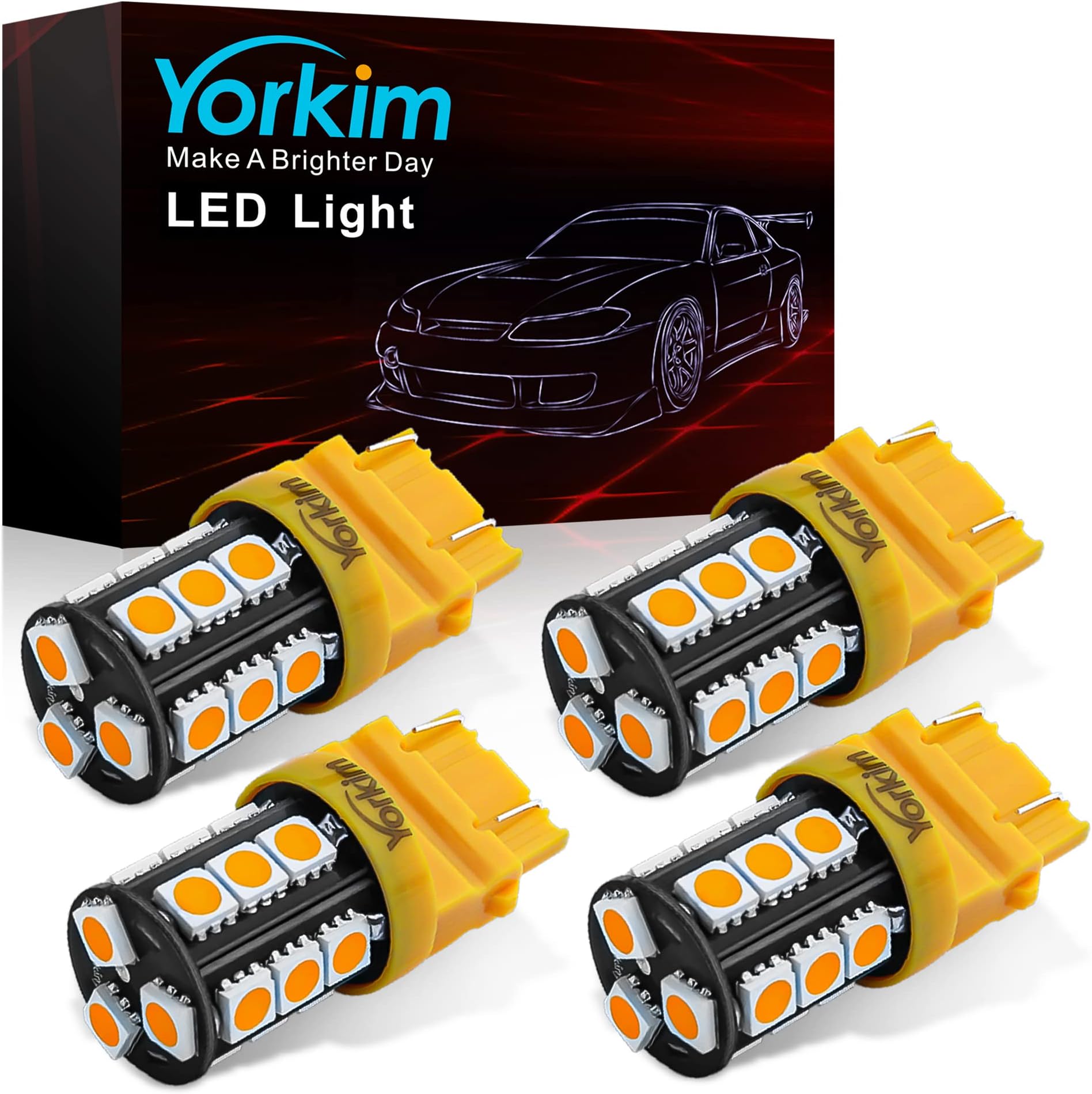 Yorkim 3157 LED Light Bulbs Amber Super Bright, 3056 3156 3156A 3057 4057 3157 4157 T25 LED Bulbs for Brake Lights, Backup Reverse Lights, Reverse Tail Lights - Pack of 4
