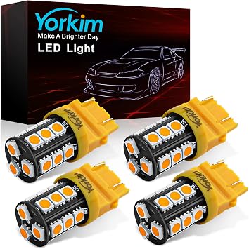 Yorkim 3157 LED Light Bulbs Amber Super Bright, 3056 3156 3156A 3057 4057 3157 4157 T25 LED Bulbs for Brake Lights, Backup Reverse Lights, Reverse Tail Lights - Pack of 4