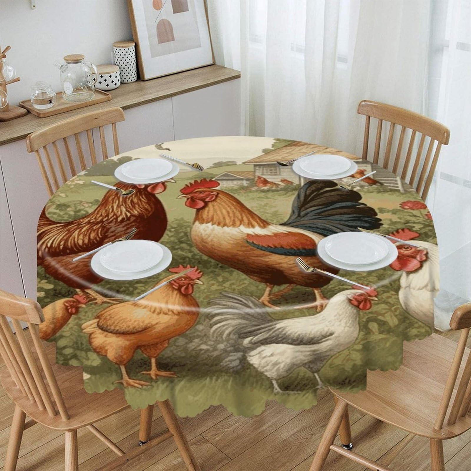 VstaDank 60 Inch Round Chickens and Farm Tablecloth Polyester Waterproof Wrinkle Free Table Cloth Spillproof Washable Table Cover Colorful Tablecover Decor for Home Kitchen Dining Party