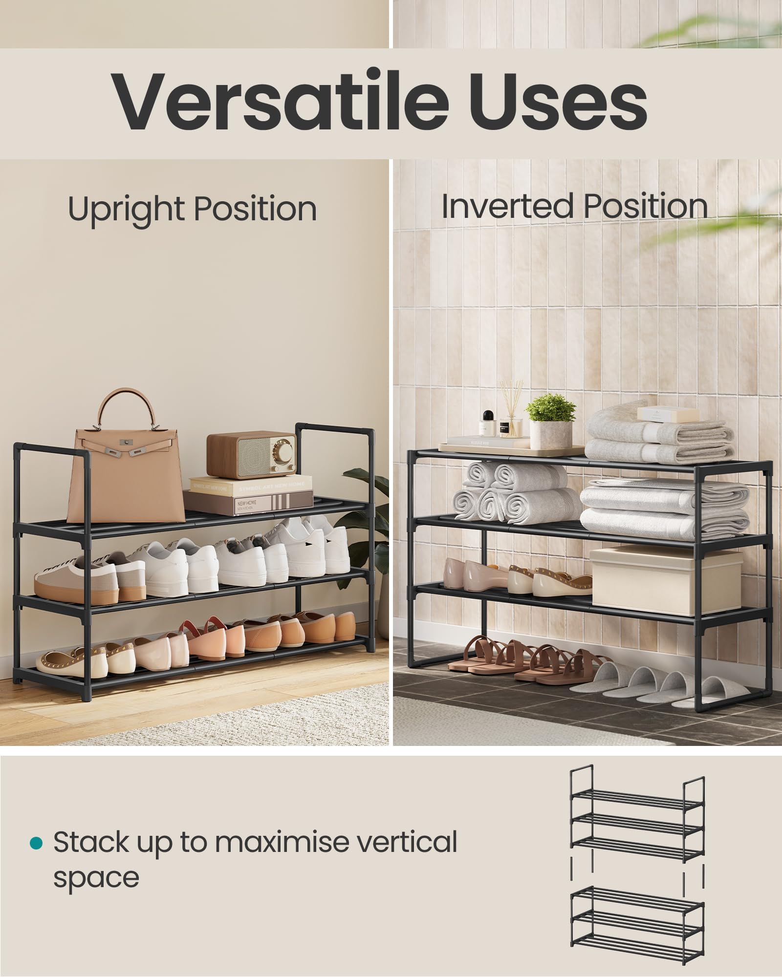 SONGMICS 3-Tier Shoe Rack, Shoe Storage Organiser, Metal Storage Rack, Upright or Upside Down, Fits 16 to 20 Pairs, Stackable, for Hallway, 30 x 92 x 55 cm, Black LSA303B02 — view 4