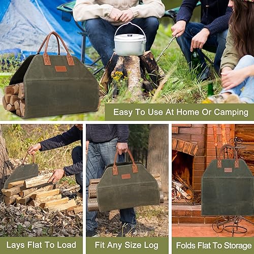 Miniatura 6 de GOOD GAIN - Transportador de leña encerado con asas, portador de madera para leña, bolsa de almacenamiento de leña resistente de 36 x 18.5 pulgadas,