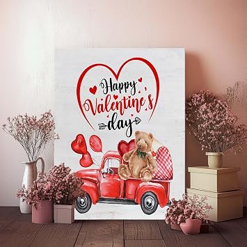 Sunwes Valentines Day Canvas Wall Art, Happy Valentines Day with Red Truck, Teddy Bear, Heart Balloons Print, Inspirational Quote Wall Art Rustic Charm Couple Gift for Valentines Wedding 11x14inch