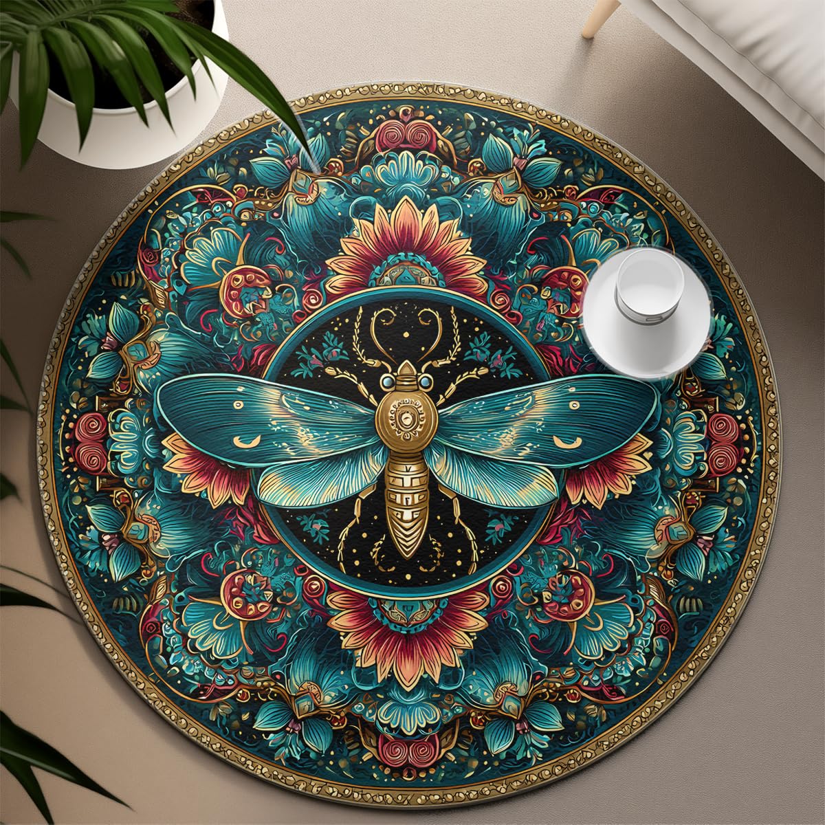 Okrągły dywan w stylu boho 120 cm vintage okrągłe dywaniki motyle i kwiaty dywan niskie włosie można prać do kuchni jadalnia wejście