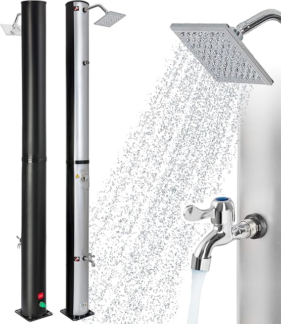 Arebos Solar shower | 37 l | 199 cm | with integrated thermometer | silver-black | angular shower head | with foot shower | garden shower with garden hose connection | incl. mounting material & cover