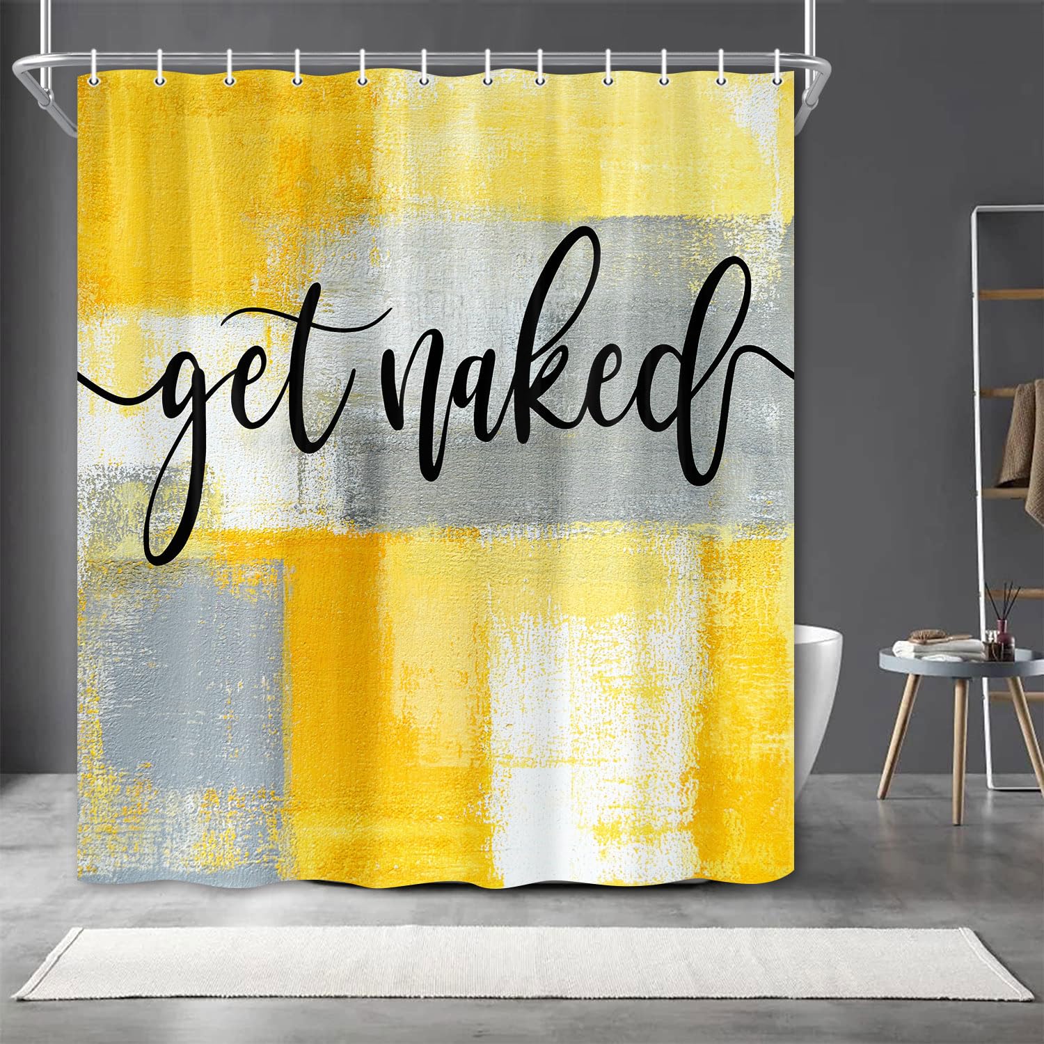Wathon Yellow Ombre Fabric Shower Curtain Funny Black Art Get Naked on Abstract Paint Brush Graffiti Design Bath Curtain, Modern Chic Mustard Yellow