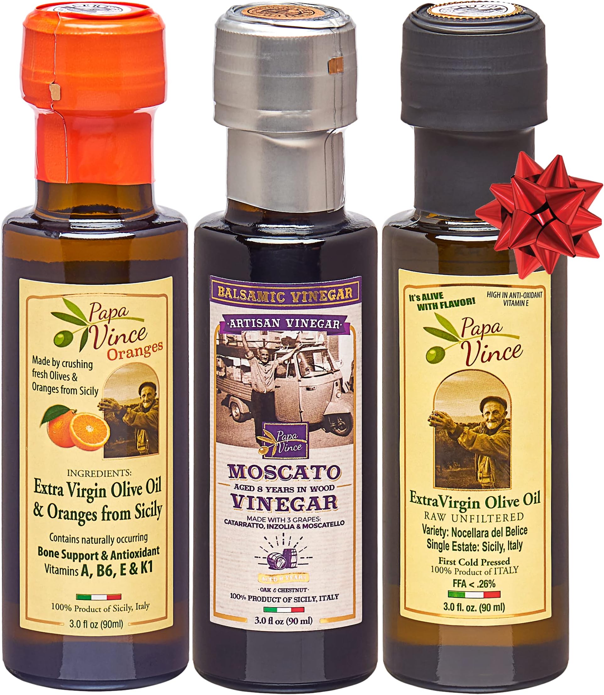 Papa Vince- Made in Sicily - 3 Small Bottles (90ml Each) Gourmet Travel/Gift Pack. Extra Virgin Olive Oil & EVOO Lemon Blend & Moscato Vinegar - 100% Natural.