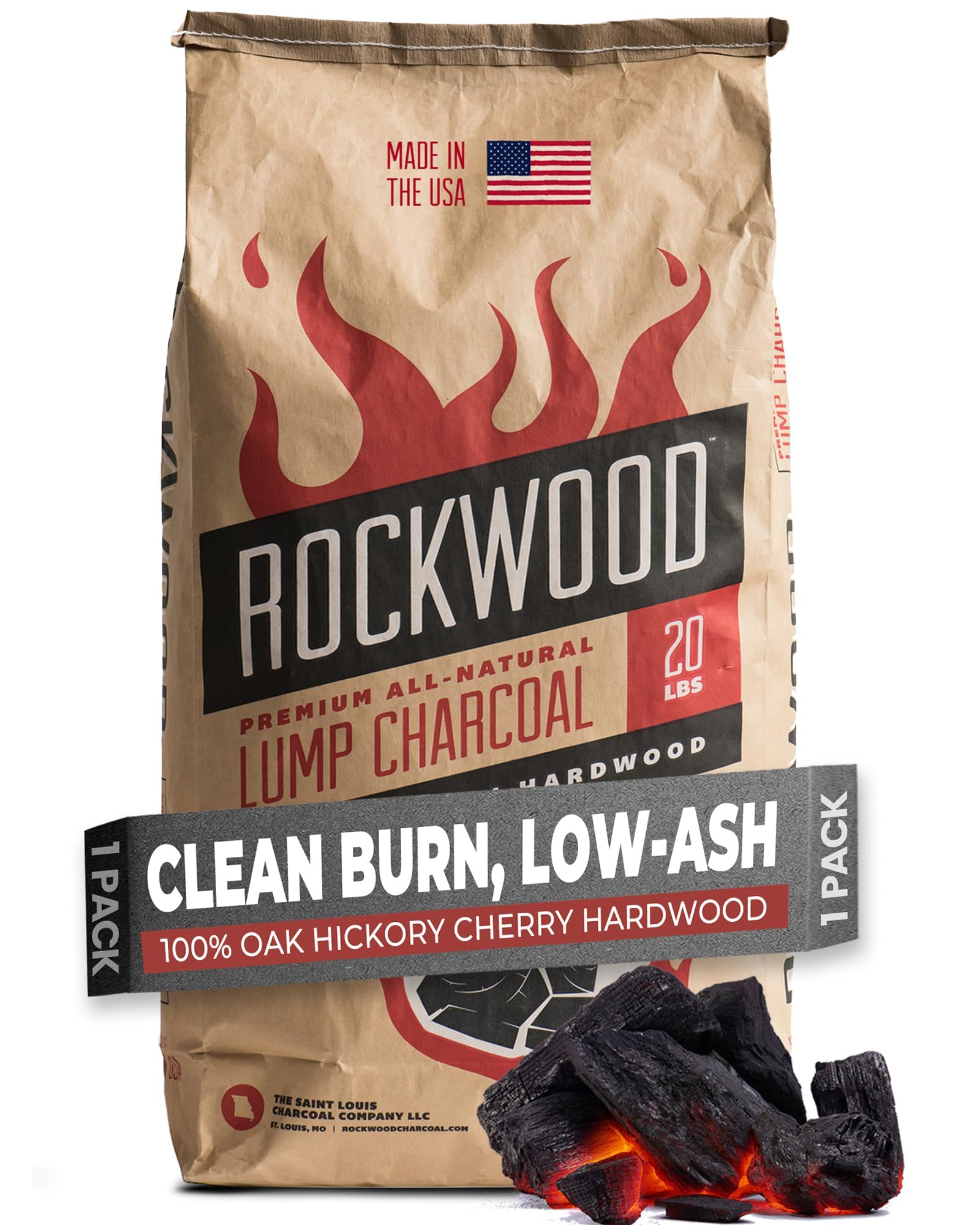 Rockwood Premium Hardwood Lump Charcoal – Oak, Hickory & Cherry Blend for Restaurant Quality Barbecue Smoking & Grilling – Smoky Flavor BBQ, Clean Burning for Kettle & Kamado Grills – 20lbs (1 Pack)