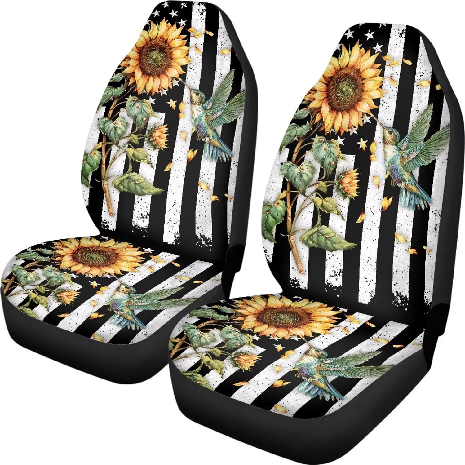 Hummingbird Sunflower Pattern Car Seat Cover American Flag Design Auto Bucket Seat Protector Full Set 2 Packs Universal Fit Vehicles Interior Decorative for Most Cars