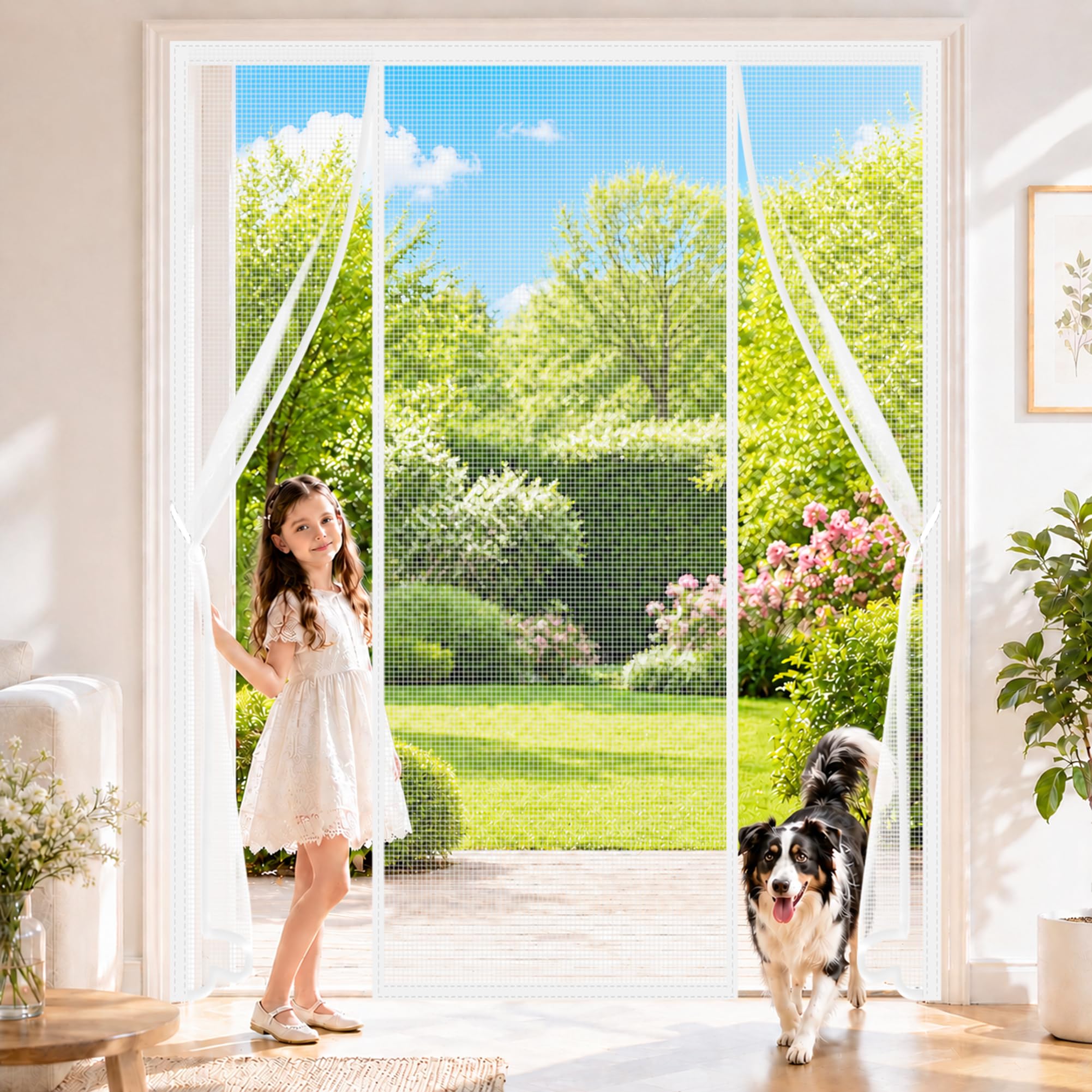 Magnetic French Door Curtains Fly Screen White 125x270cm Double Door Heavy Duty Reinforced Mesh Curtain with Magnets No Gap for Family Homes Wanting Seamless Indoor-Outdoor Flow