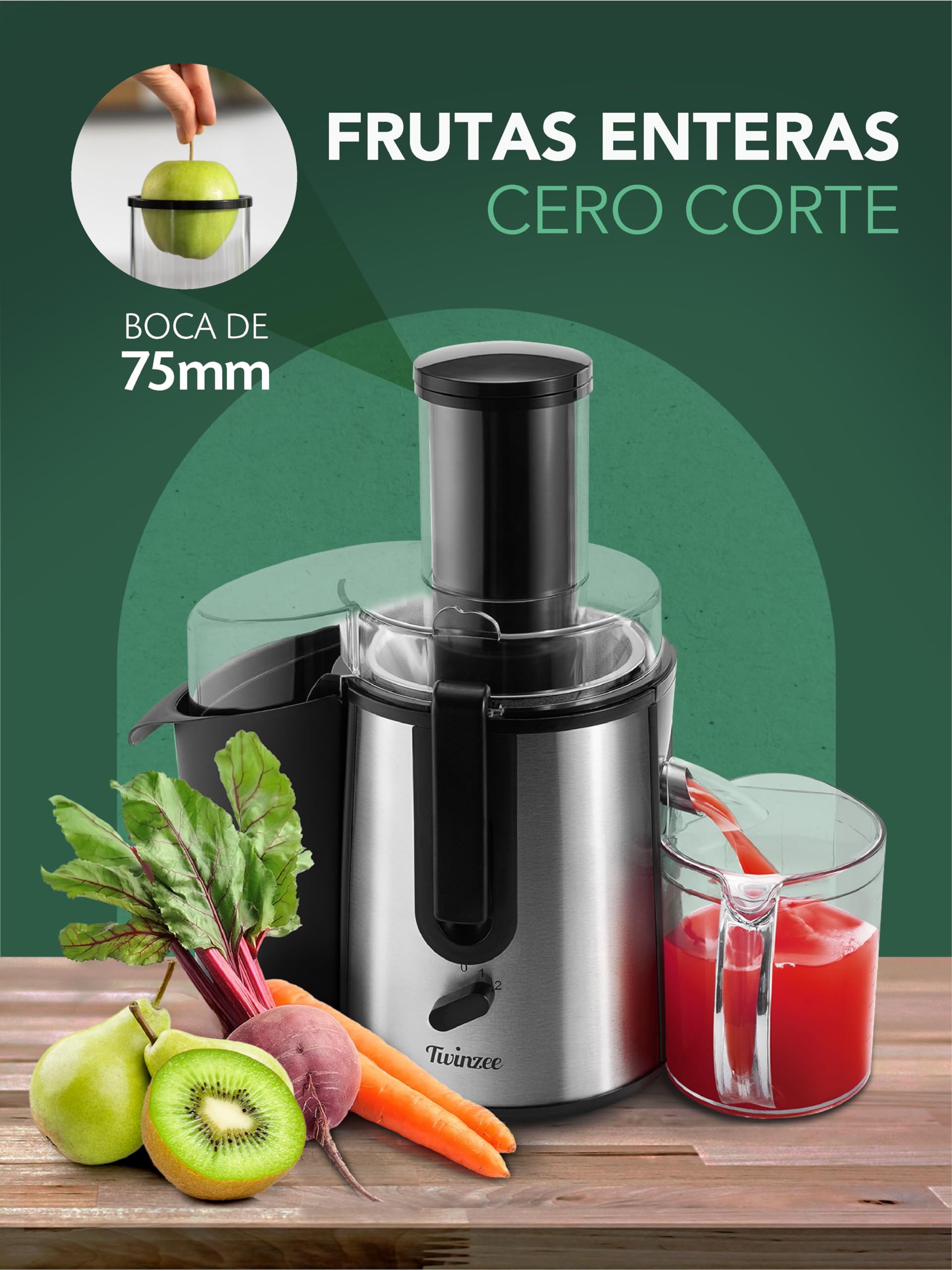 Twinzee Licuadora 850W Extractor de Zumos y Verduras – Juicer con Boca de 75 mm y 2 Velocidades