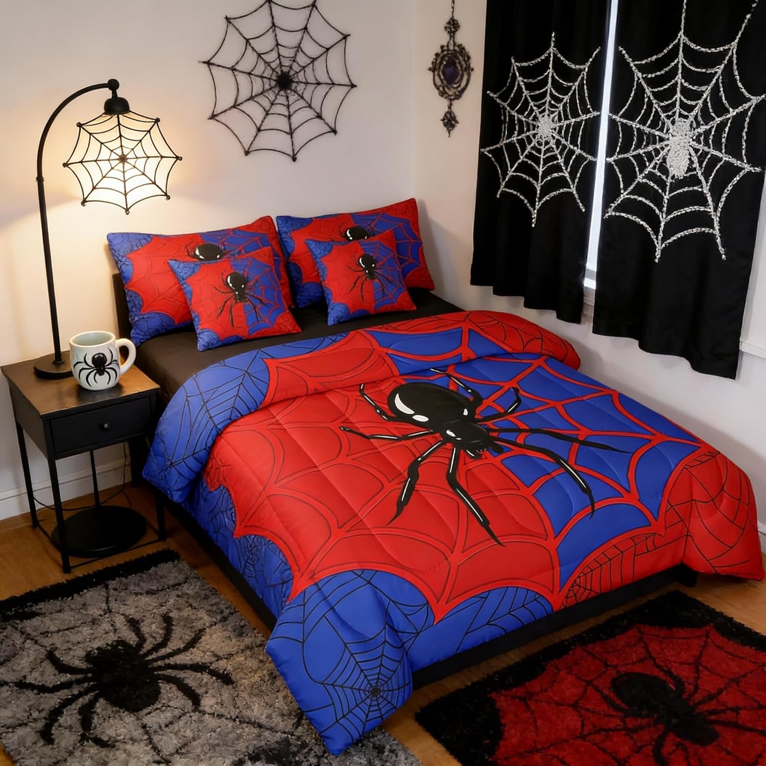 Manfei 7 Pcs Spider Web Kids Comforter King Size,Black Spider Arachnid Insect Animals Boys Man Bedding Set,Halloween Gothic Red Blue Unique（Comforter+Fitted+Sheet+2 Pillowcases+2 Throw Pillow Covers）
