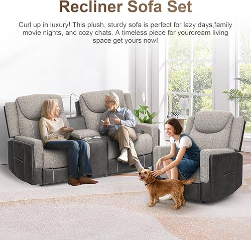 Miniatura 6 de Juego de sofá reclinable manual, sofá biplaza reclinable de 2 plazas con consola de almacenamiento y silla reclinable individual de gran tamaño,
