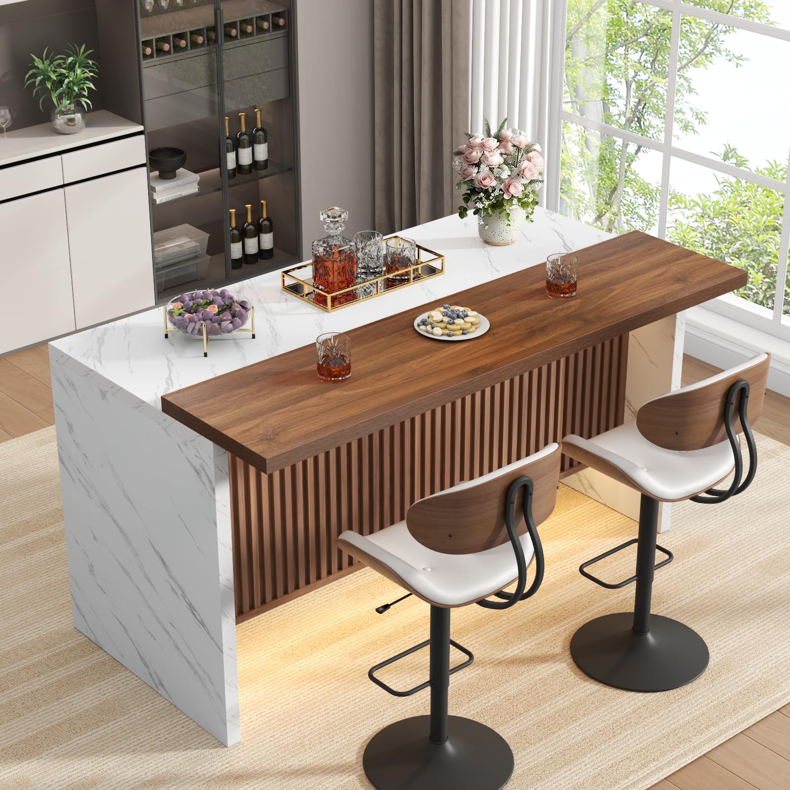 Gyfimoie 63 Inch Imitation Marble Bar Table with LED Lights
