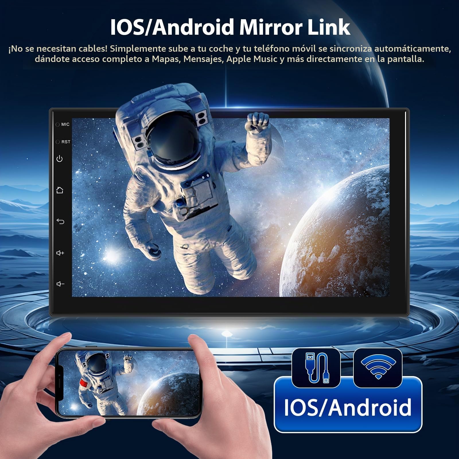 Autorradio Estéreo 2 DIN Motorsi [4+64 GB] con Android 15.0, Pantalla Táctil HD de 7 Pulgadas, Bluetooth 5.0, GPS, WiFi, FM, RDS, EQ, Doble USB y AHD, Cámara y Micrófono