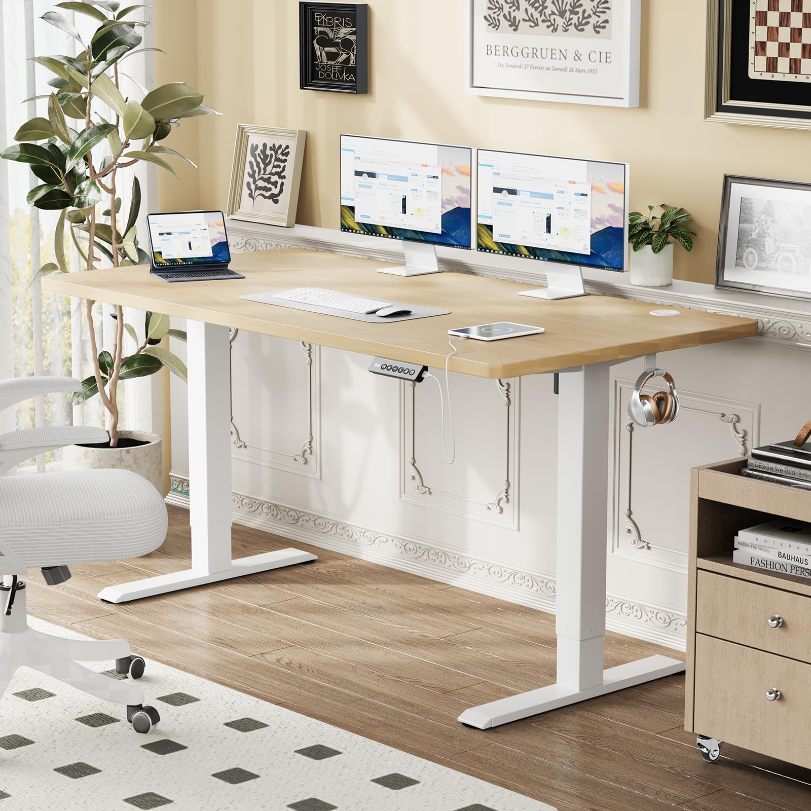 Flamaker Höhenverstellbarer Schreibtisch Ganze Tischplatte 110 x 53 cm Elektrischer Schreibtisch Höhenverstellbar für Steh-Sitz, Computertisch mit Memory-Funktion,Standing Desk,Beige