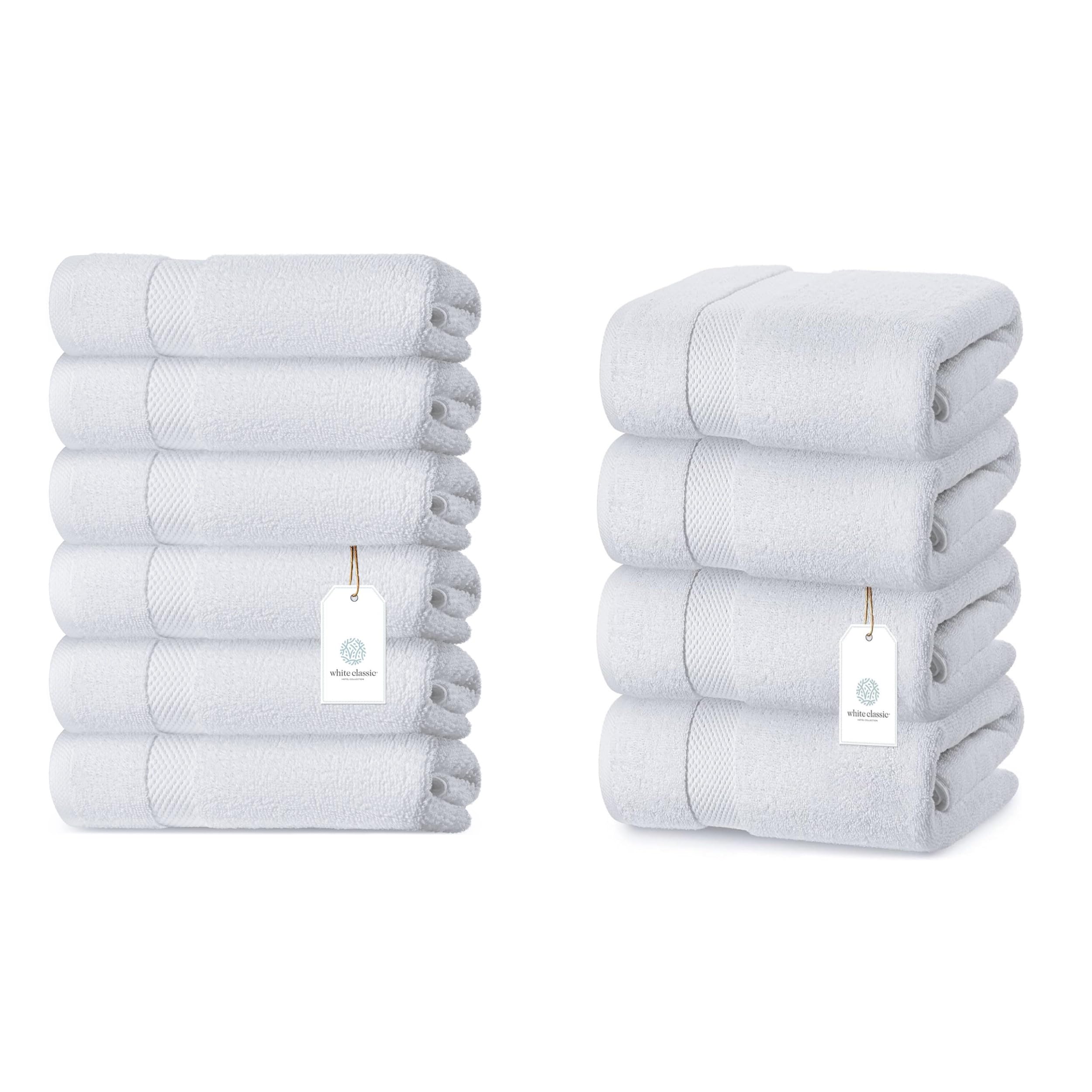 White Classic 6 Luxury White Hand Towels 16 x 30 and 4 Luxury White Bath Towels 27 x 54 | Cotton, Highly Absorbent and Quick Dry for Hotels, Spa and Bathroom