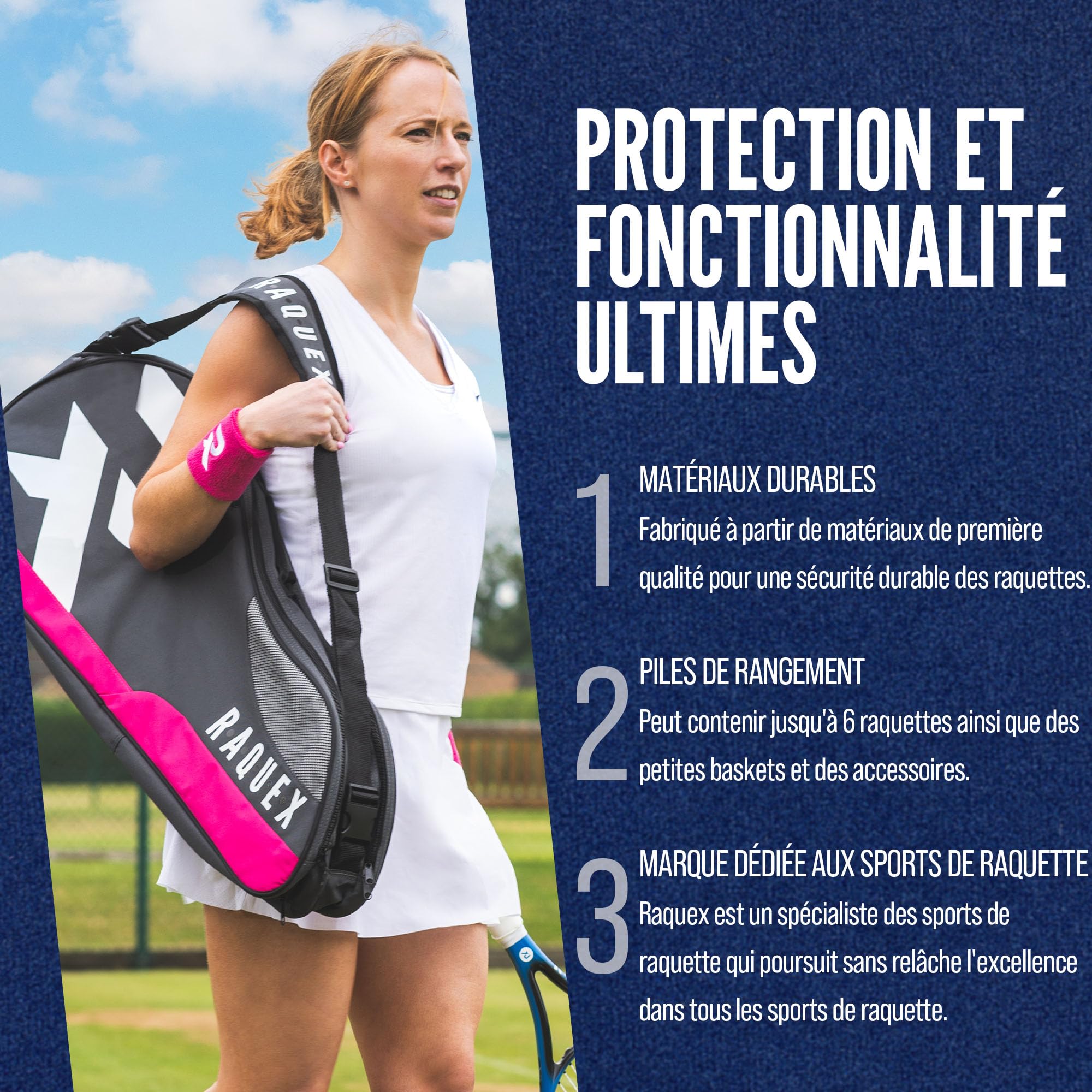 Raquex Sac de Tennis - Sac à Raquettes pour Tennis, de Badminton et de Squash. Bleu, Noir ou Magenta. Sac de Badminton, Peut Contenir jusqu'à 6 Raquettes + Accessoires + Baskets