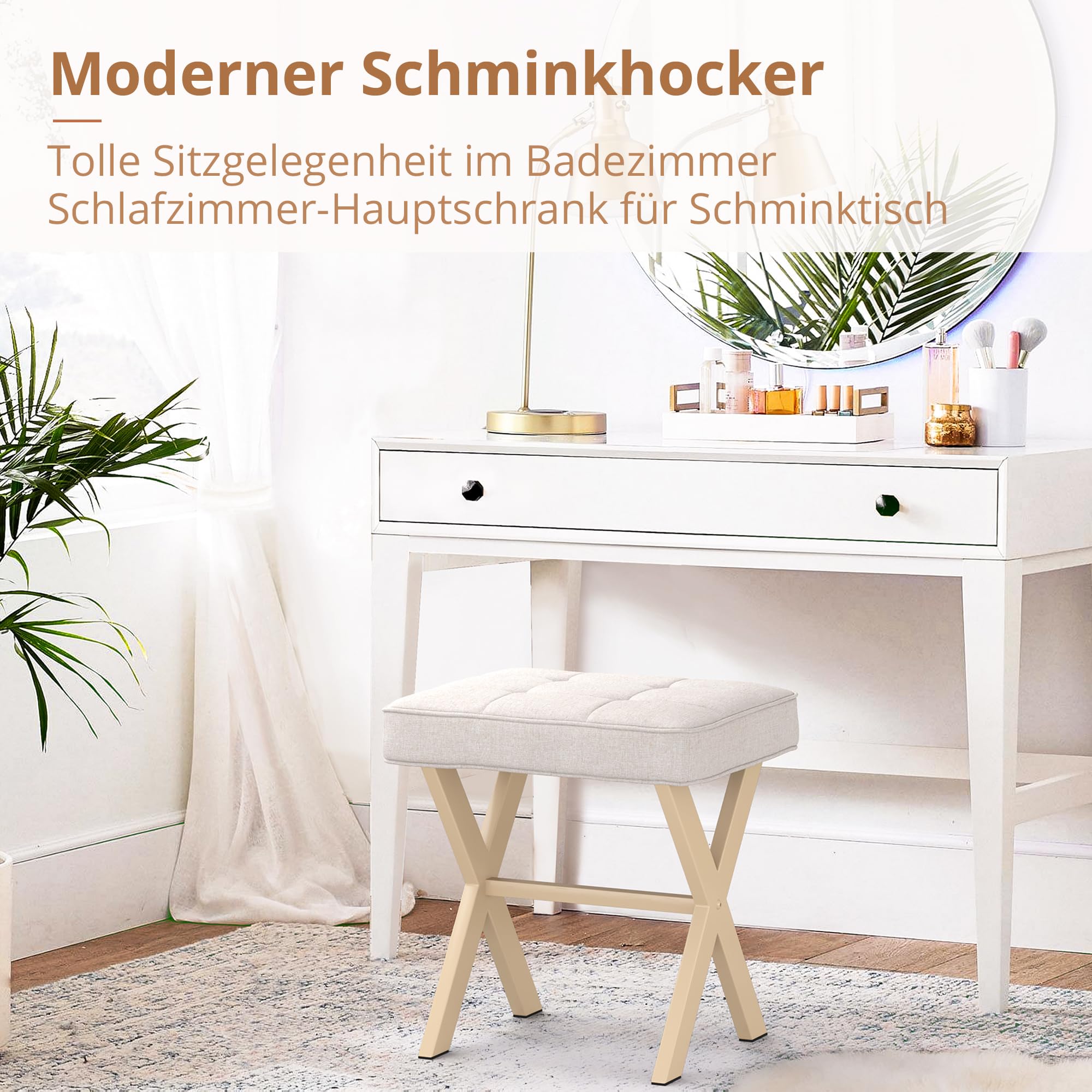 LUE BONA Fußhocker,Make-up Hocker mit X-Bein,Polsterhocker,Schminkhocker,Ottoman Sitz Fußstütze Hocker,Leinen Sitzhocker für Wohnzimmer,Schlafzimmer,43 x 33 x 46 cm,Leinen-Sand