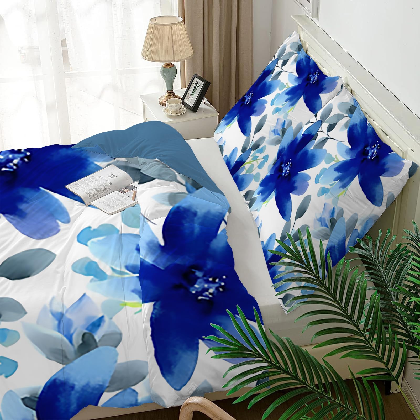 Housse de couette 240x260 blanc fleur bleue finie la couette qui glisse