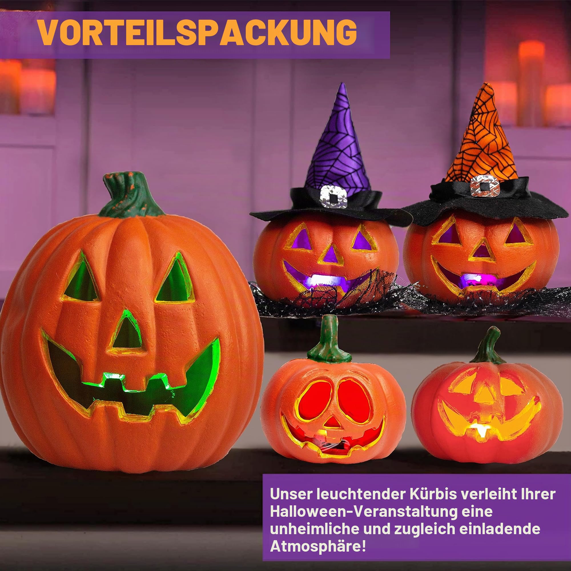 JOYIN 5 Stück Leuchtende Halloween Kürbis Deko, LED-Licht Dekorationen für drinnen und draußen, Halloween Tischdeko aus Kunststoff für Halloween-Partys, Gastgeschenke