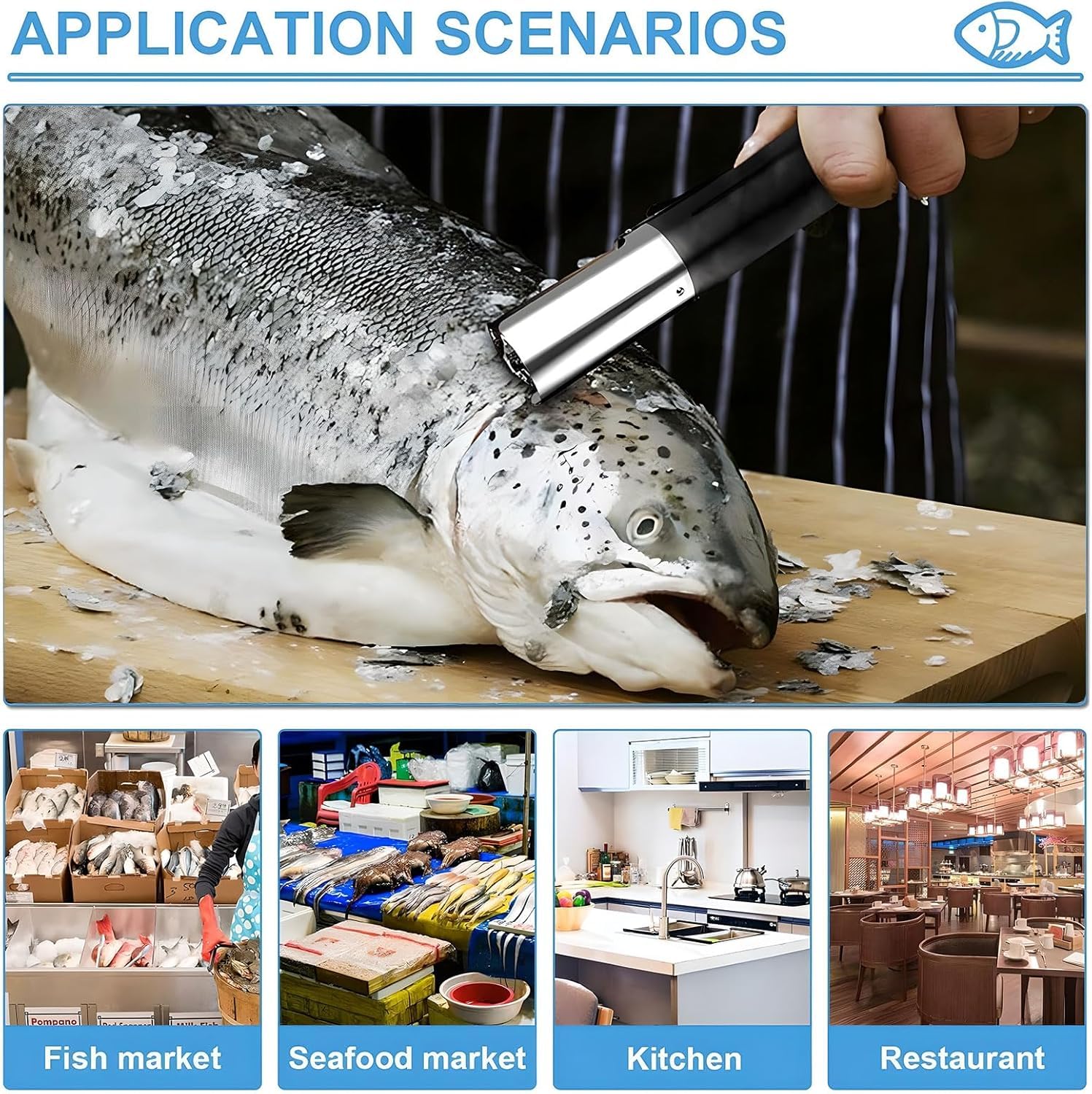 Strumento elettrico per la rimozione del pesce – senza fili, ricaricabile, impermeabile, con 2 batterie e testine di taglio per chef e uso domestico