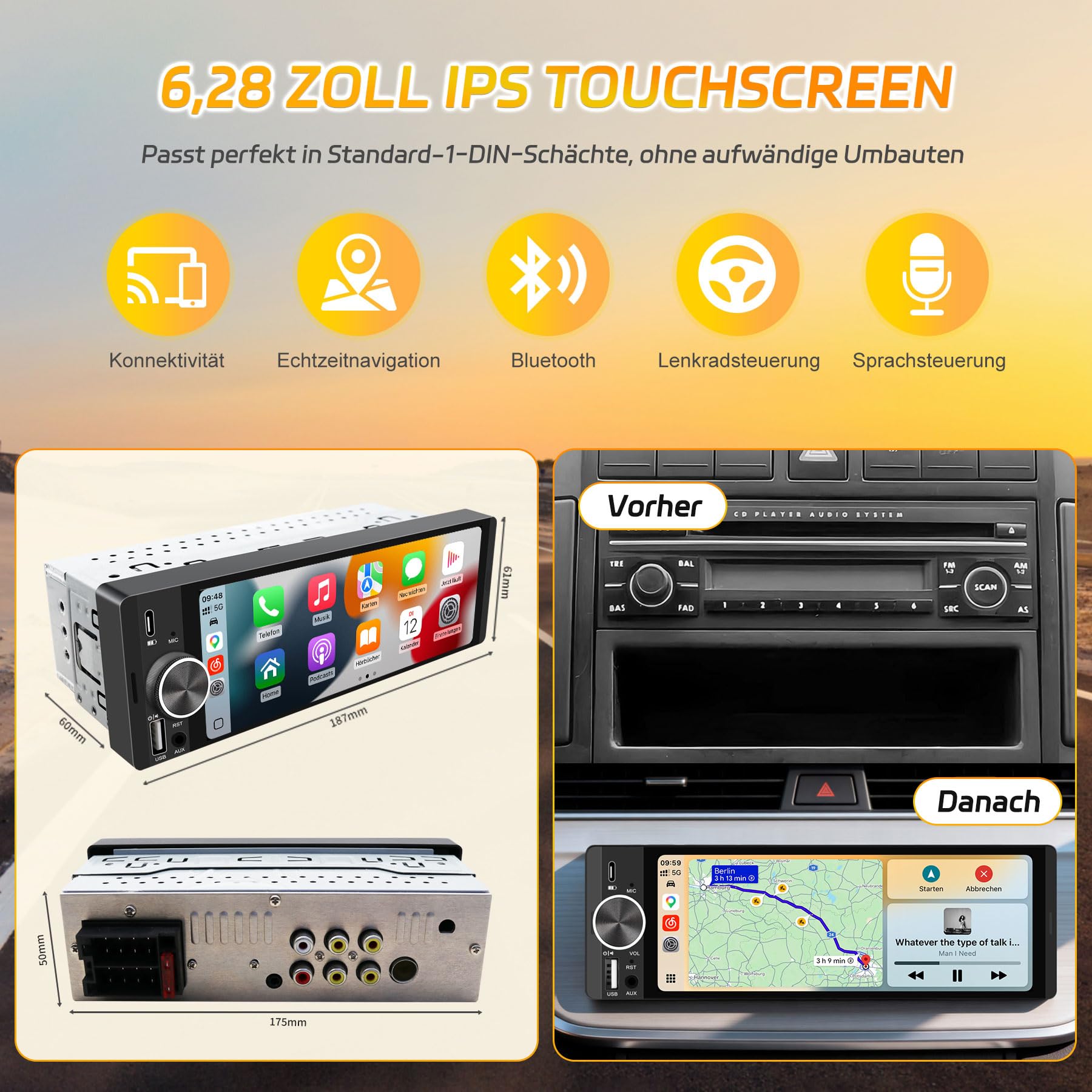 1Din Bluetooth Autoradio mit Bildschirm CarPlay/Android Auto Rückfahrkamera | 6,28 Zoll Touch Display mit GPS Navigation, FM, Lenkradsteuerung, MirrorLink, Equalizer, USB-C, AUX, Single Din Auto Radio