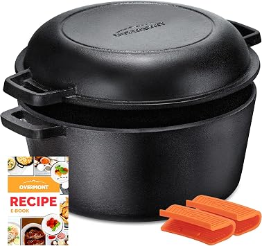 Overmont 5QT Double Dutch Oven for Bread Baking, 2-in-1 Pre-Seasoned Cast Iron Pot with Skillet Lid for Sourdough, Frying, Camping & Outdoor Cooking