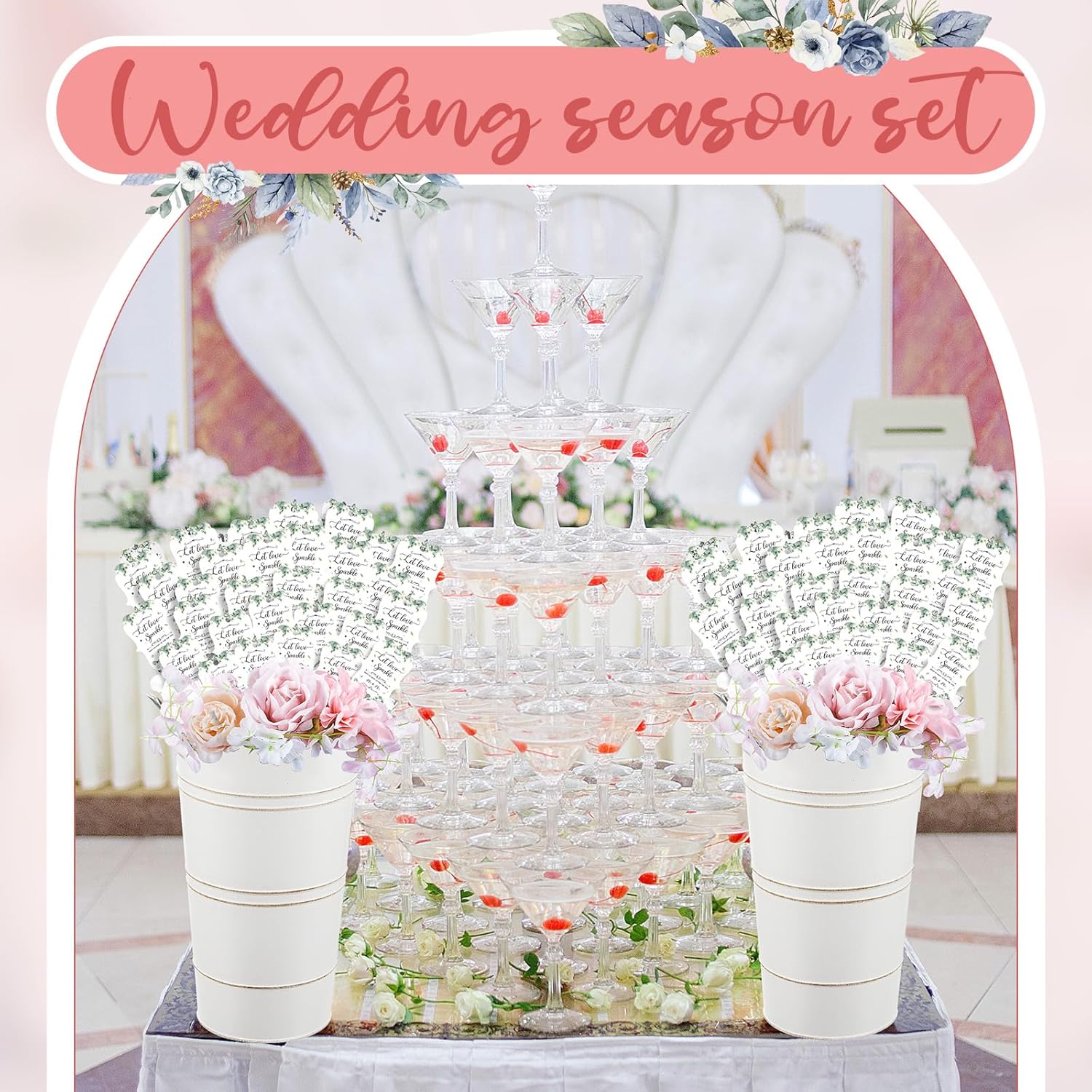 Henoyso Greenery Wedding Send Off Tags Set Include 150 Pcs Tags 1 Acrylic Wedding Send Off Sign with Stand 2 Galvanized Metal Buckets for Table Centerpiece Party Decorations(White)