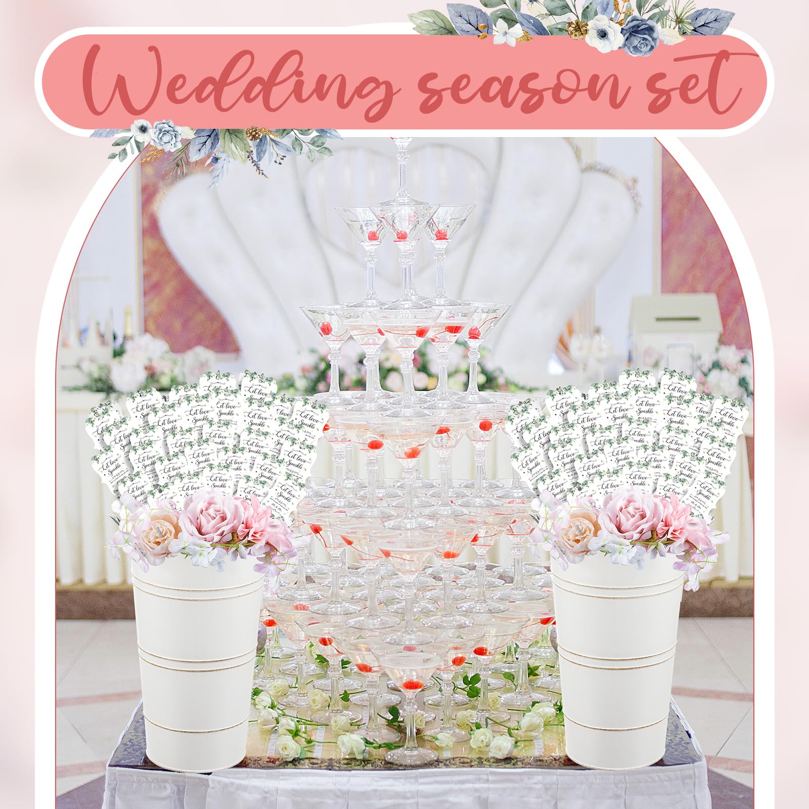 Henoyso Greenery Hochzeits-Wunderkerzen-Set, 150 Hochzeits-Wunderkerzenanhänger, "Let Love Sparkle Wedding Send Off", Acrylschild, 2 verzinkte Metalleimer für Hochzeitstisch, Tafelaufsatz Zuhause,