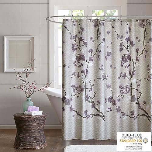 Miniatura 6 de Madison Park Holly Modern - Cortina de ducha larga de tela de algodón, cortinas de ducha florales para baño, 72 x 72 pulgadas, grismorado topo
