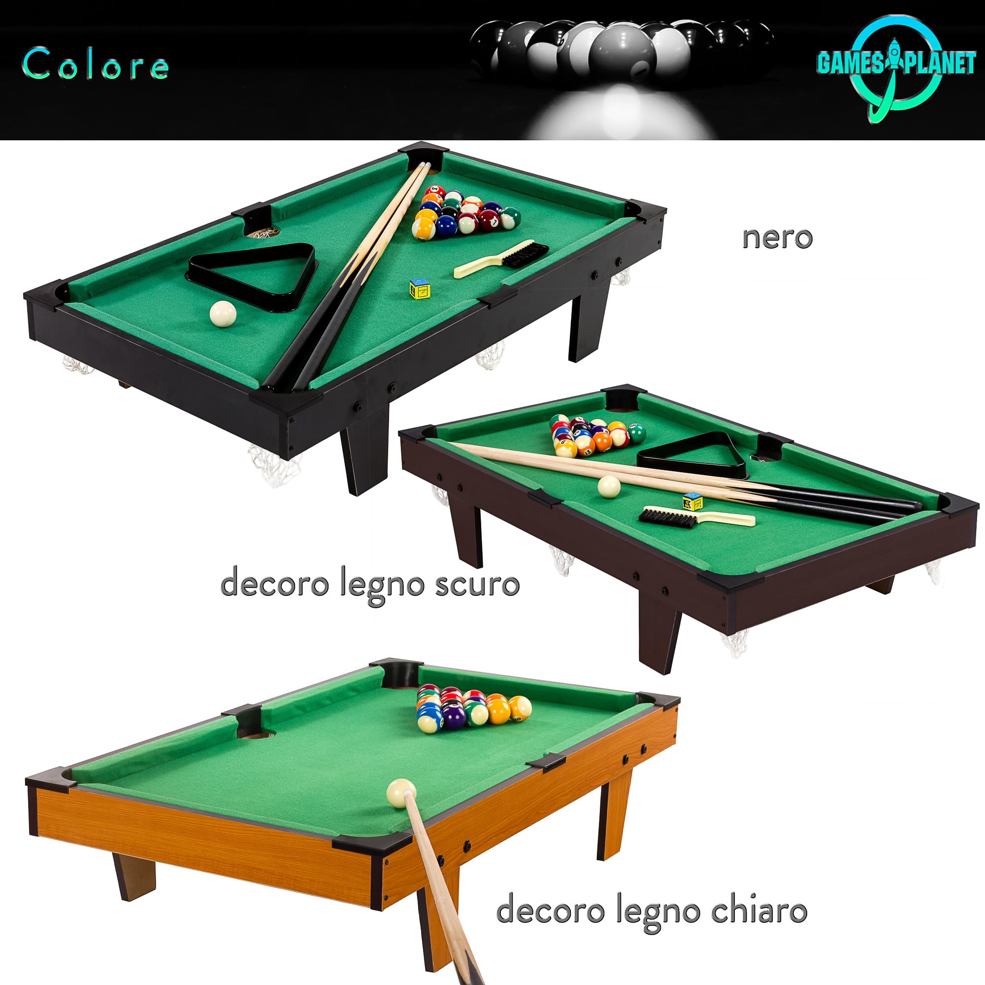GAMES PLANET Mini tavolo da biliardo Micro incl. accessori (2 stecche, palle, triangolo, gesso, spazzola), 3 decori, dimensioni: 92 x 52 x 19 cm
