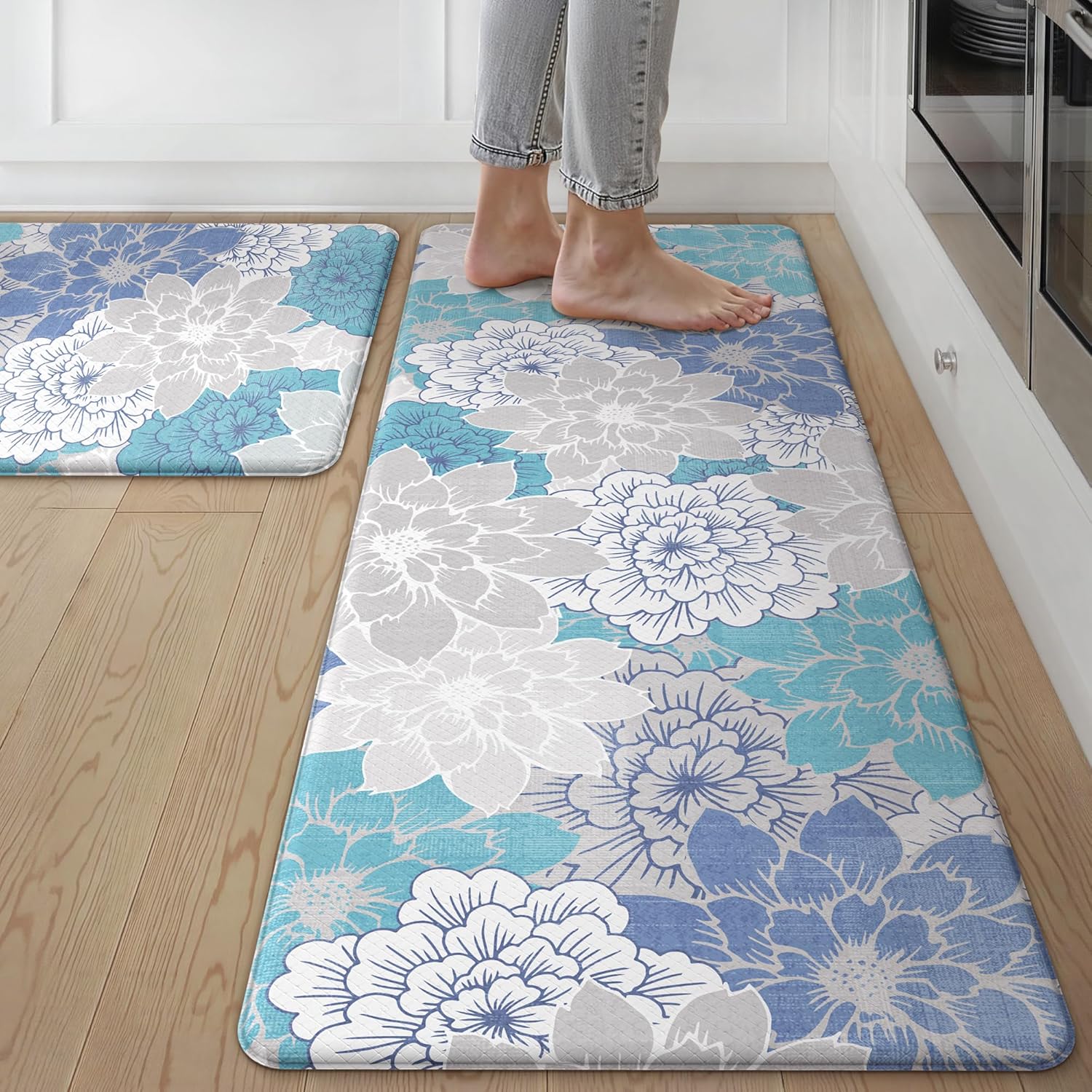 GENIMO Kitchen Mats for Floor, Kitchen Rugs Non Slip Washable Sets of 2, Waterproof Cushioned Anti Fatigue Mat, Floral Runner Rug for Laundry, Sink, Office, Home, 20"x32"+20"x48", Sky Blue