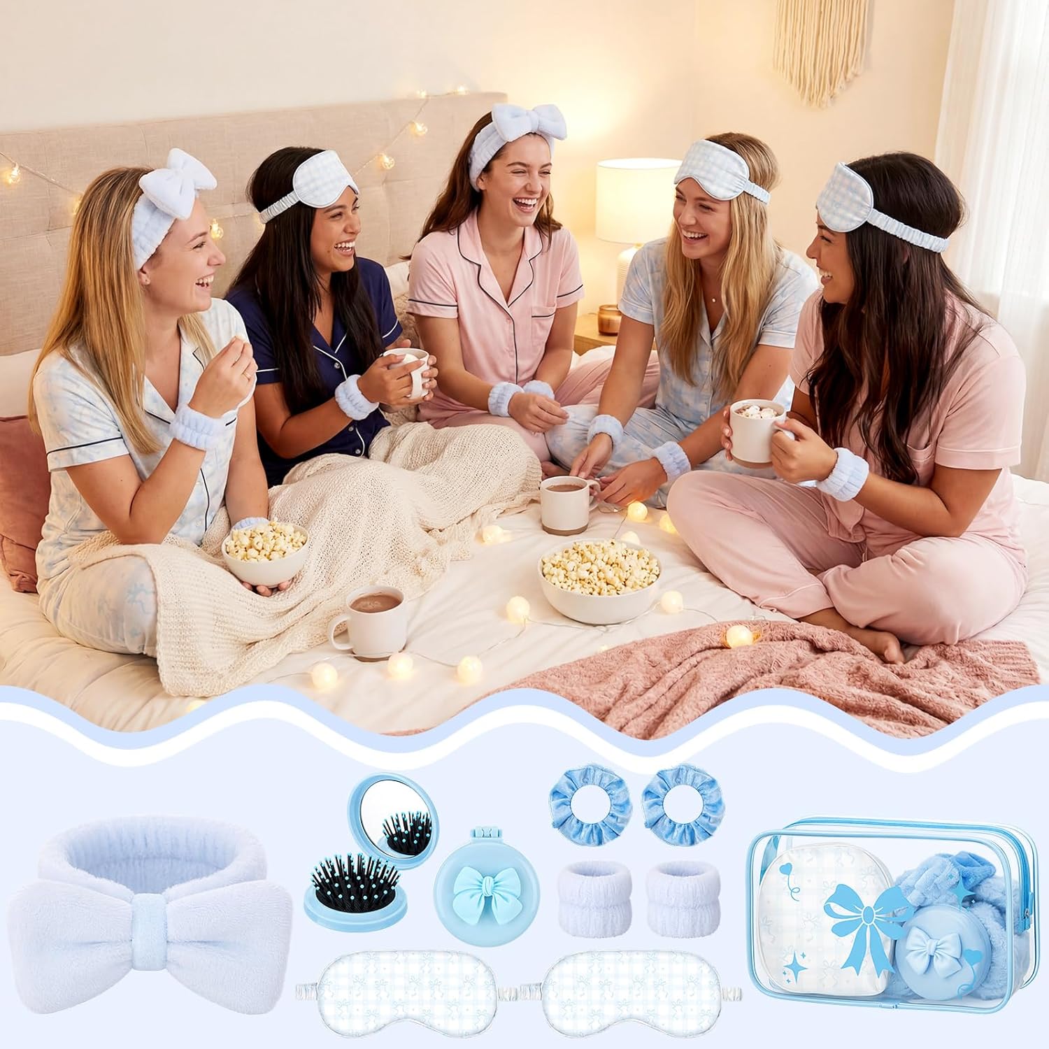 Honeydak 48 Pcs/ 8 Set Bow Coquette Party Favors for Sleepover Spa Party Supplies Trip Weekend Girls Gifts, Folding Hairbrush with Mirror Eye Mask Headband Wristband Scrunchie Makeup Bag(Blue)