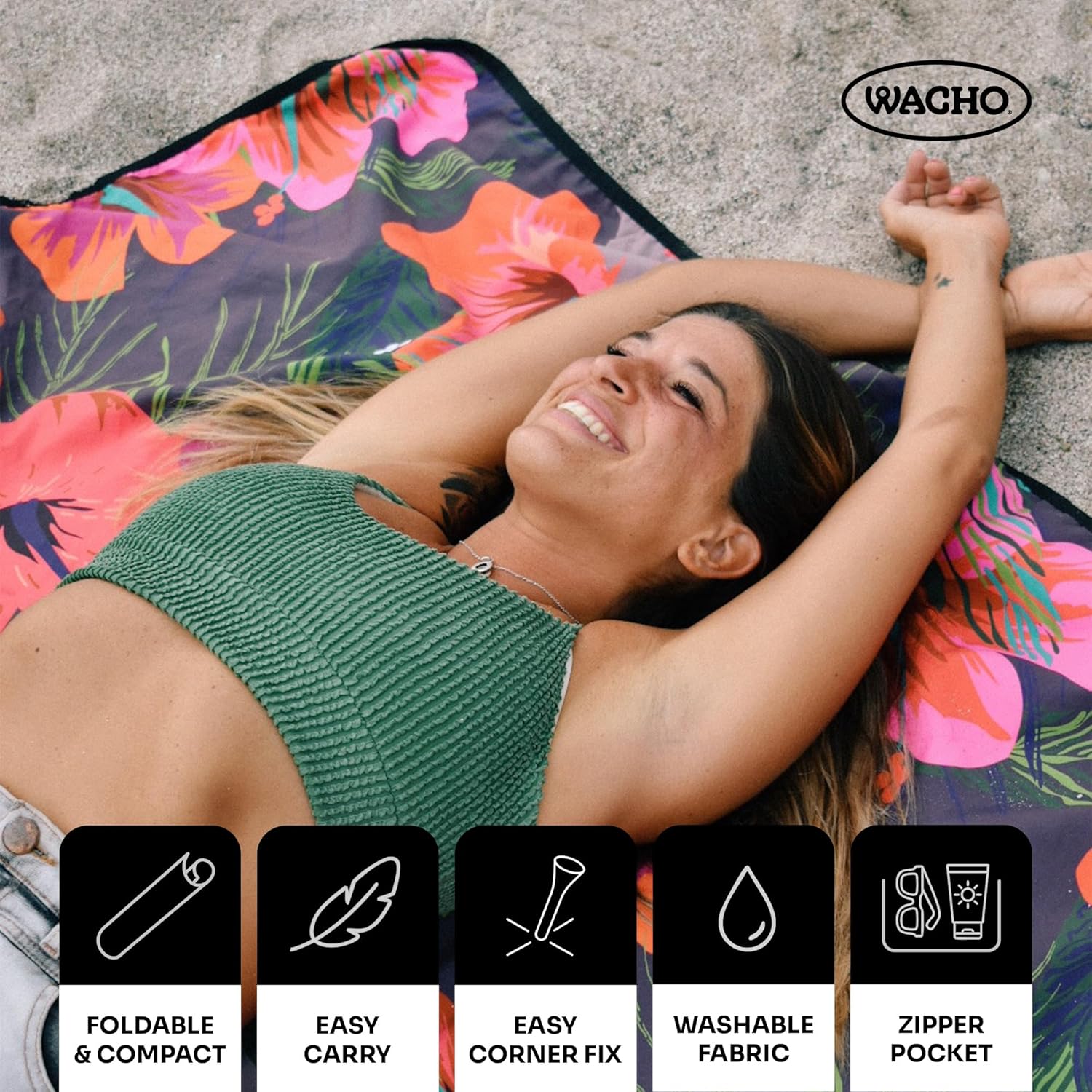 Wacho Beach Blanket Waterproof Sandproof and Picnic Blanket - Large Outdoor Blanket for Camping, Beach & Travel - Foldable Picnic Mat with Carry Bag- Beach Essentials - Hibiscus Floral