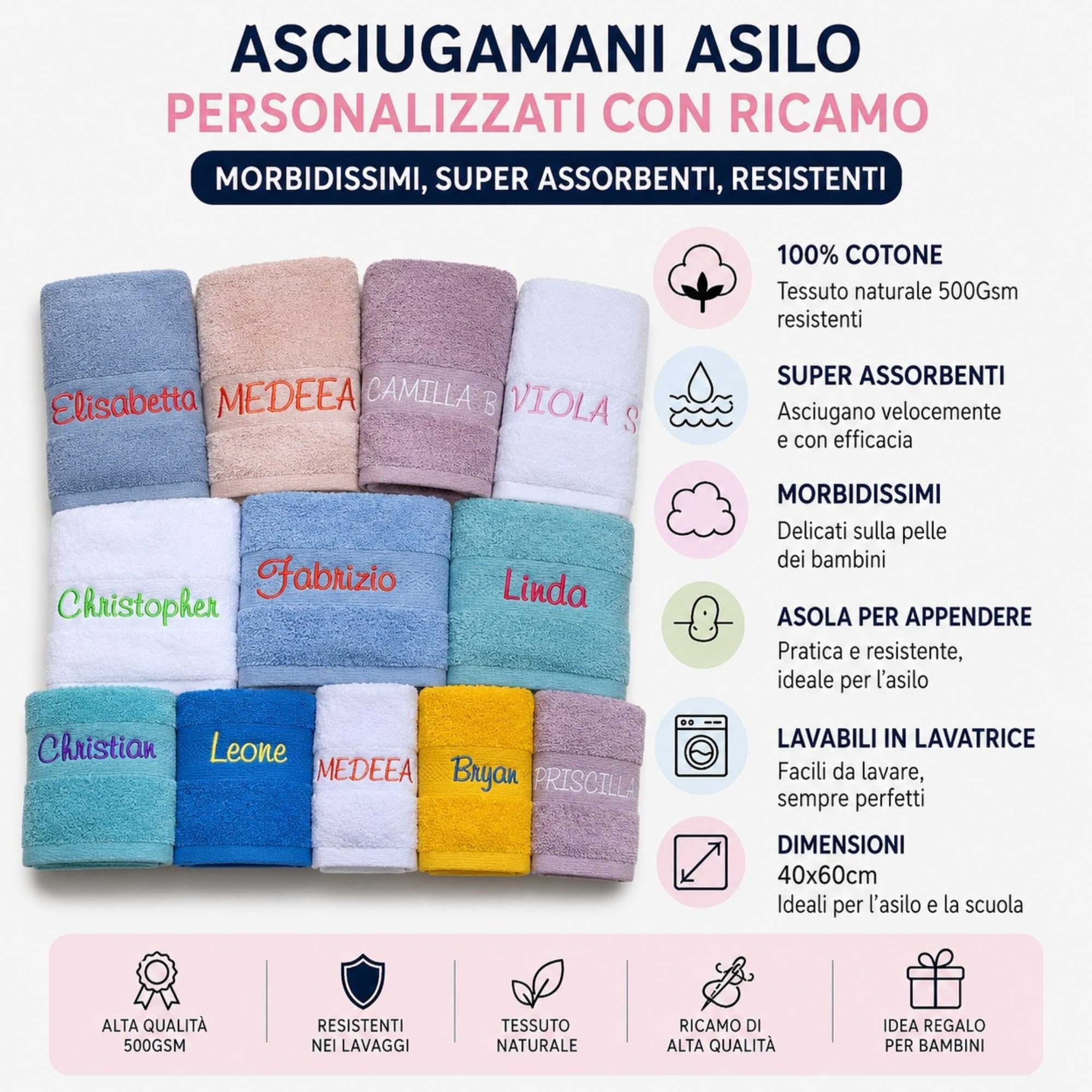 Asciugamani asilo personalizzati con ricamo. Set asilo 3 pezzi per bambini colore a scelta. Asciugamani con asola in 100% cotone (3, 60x40 cm)