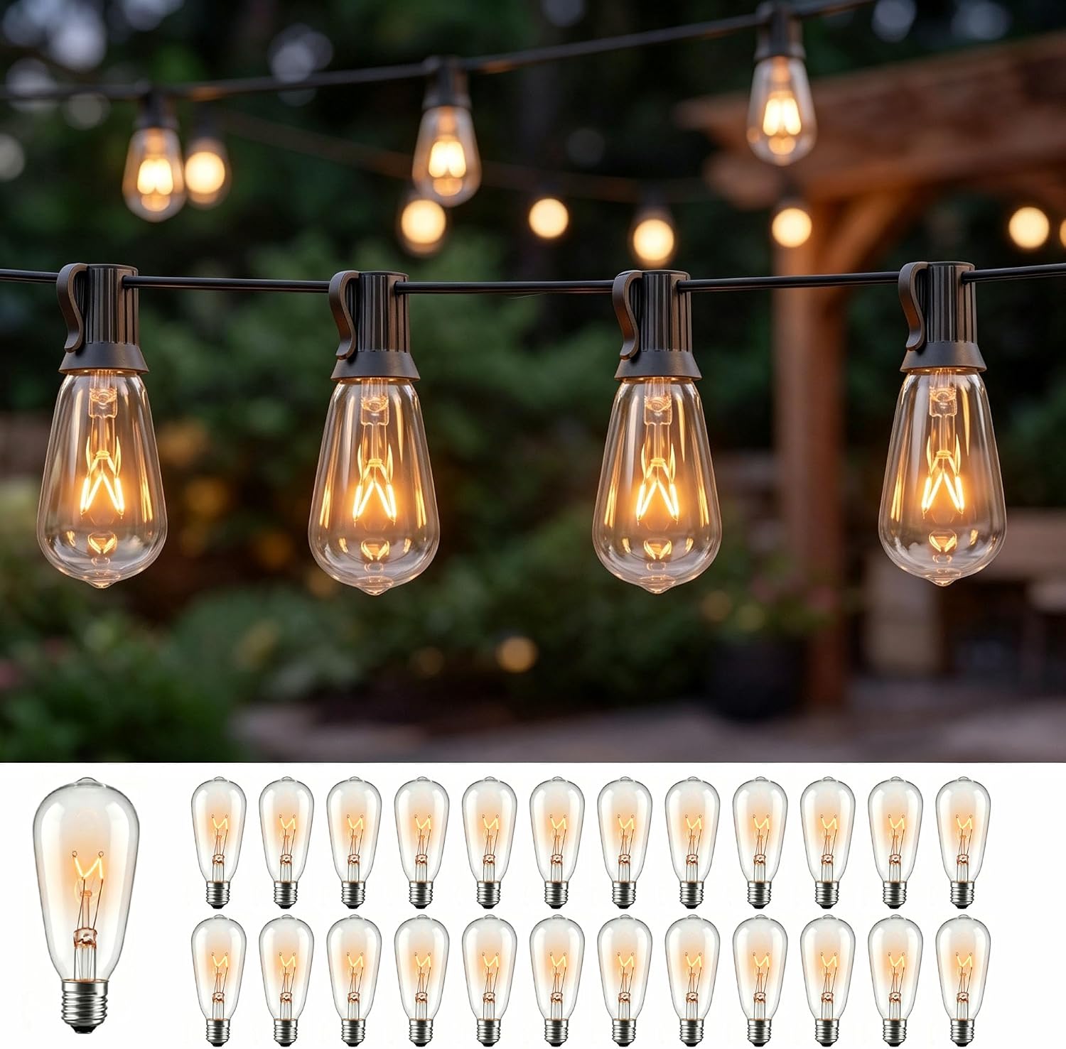 50Ft ST40 Outdoor String Lights Bundle with 25 Pack Replacement Bulbs