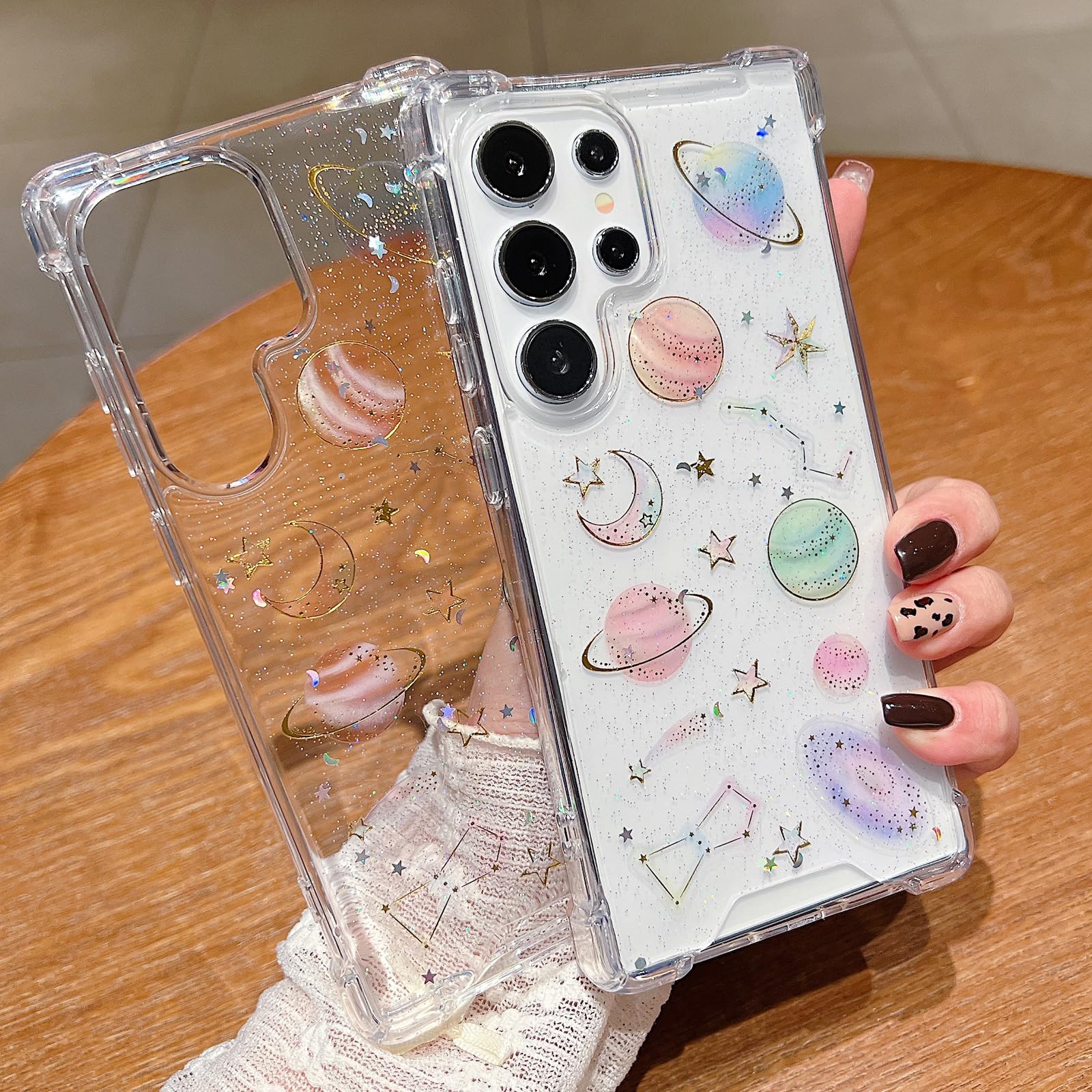 Changjia Funda transparente con purpurina para Samsung Galaxy, diseño de mariposas, planetas, estrellas, luna, universo, poliuretano termoplástico suave, a prueba de golpes, para mujer (transparente,