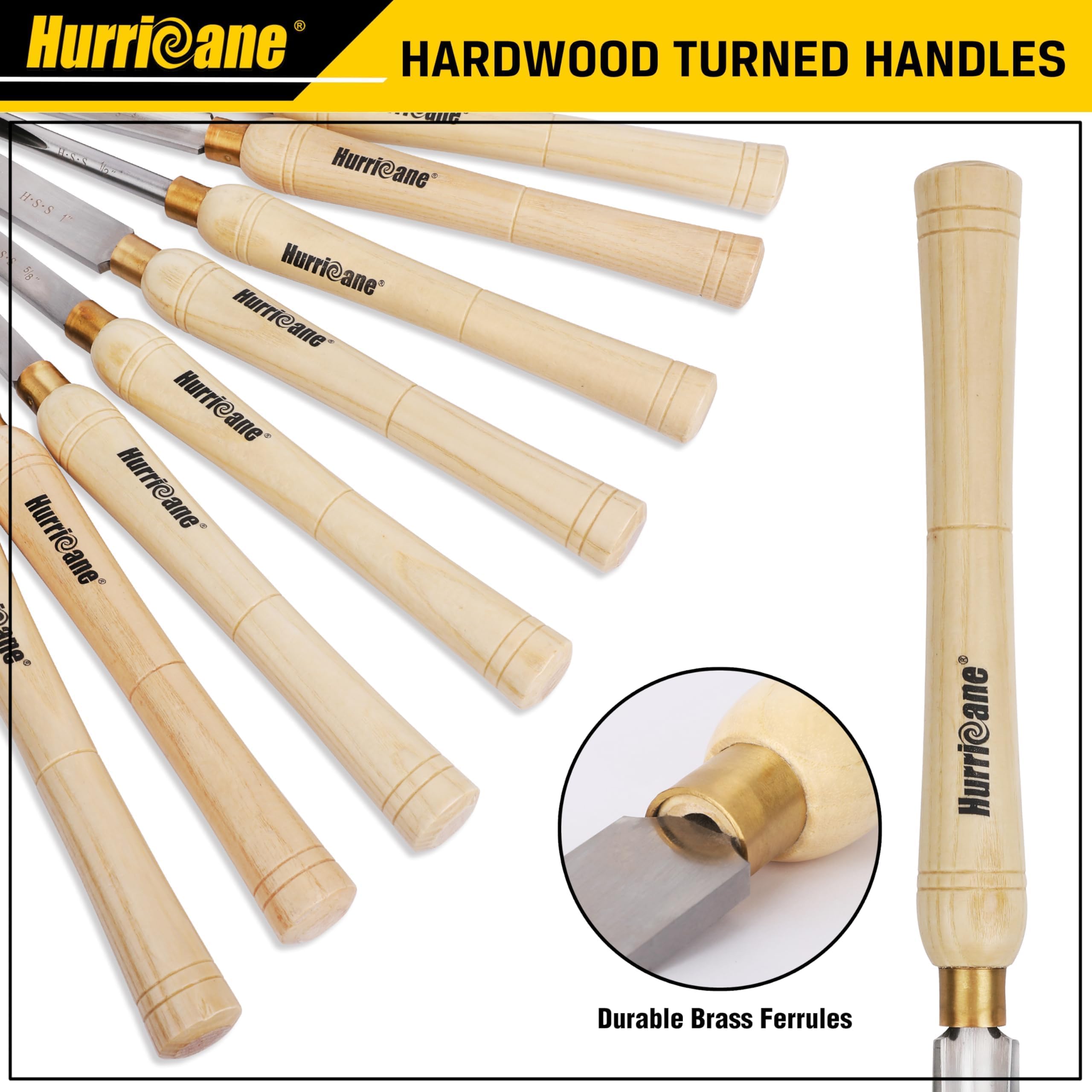 HURRICANE Juego de cinceles para torno de madera, 8 piezas HSS herramientas de torneado de torno de madera, herramientas de torno para carpintería con caja de madera