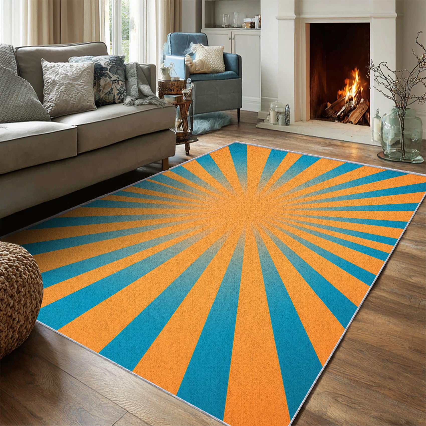 Tapis salon 180x200 lavable motif soleil retro imprimé pour chambre xO25