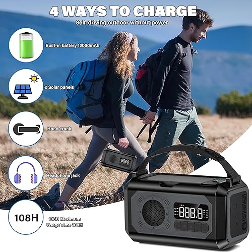 Miniatura 5 de Radio meteorológica de emergencia de 12000 mAh, radio solar con manivela, radio portátil AMFMNOAA con 2 paneles solares, 3 métodos de carga, alarma
